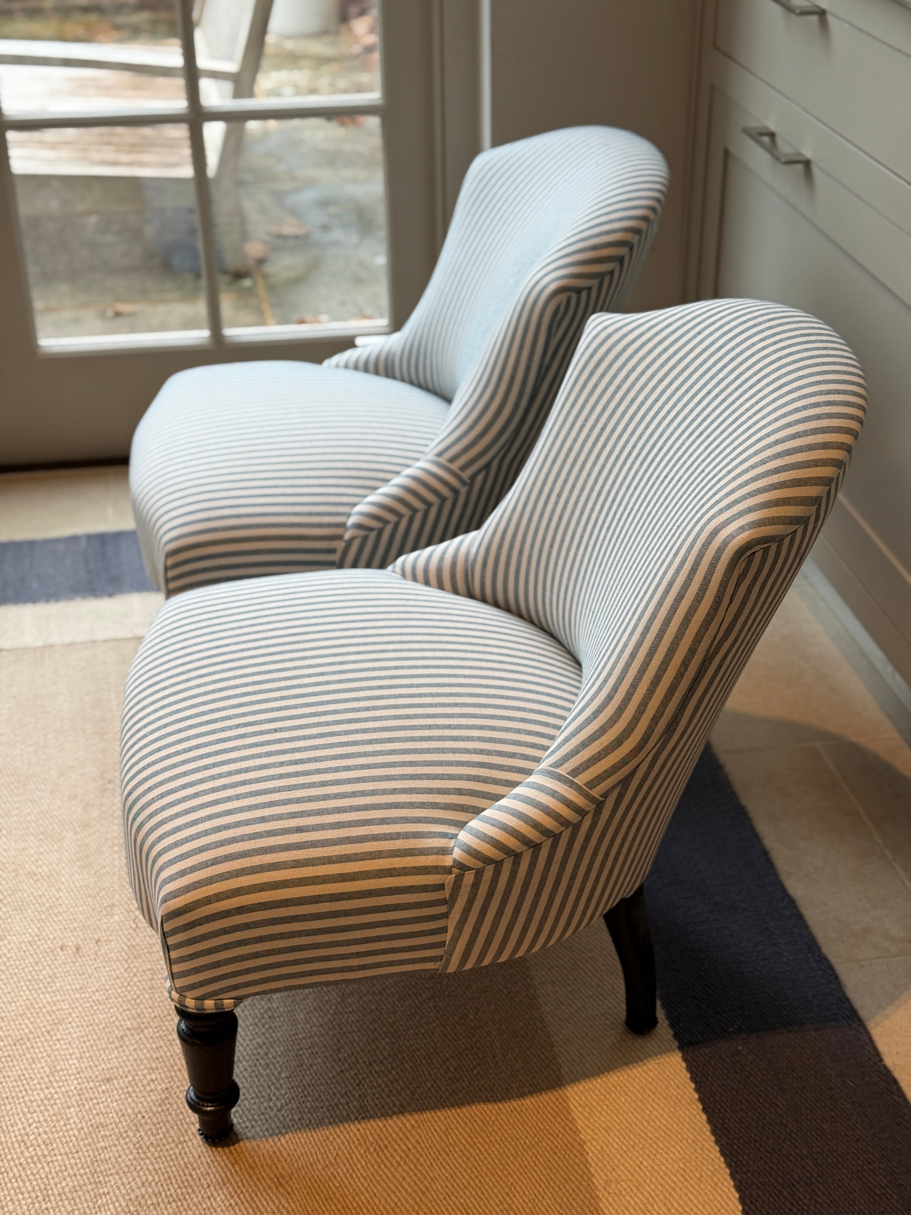 Pair of French 19th Century Slipper Chairs in blue ticket