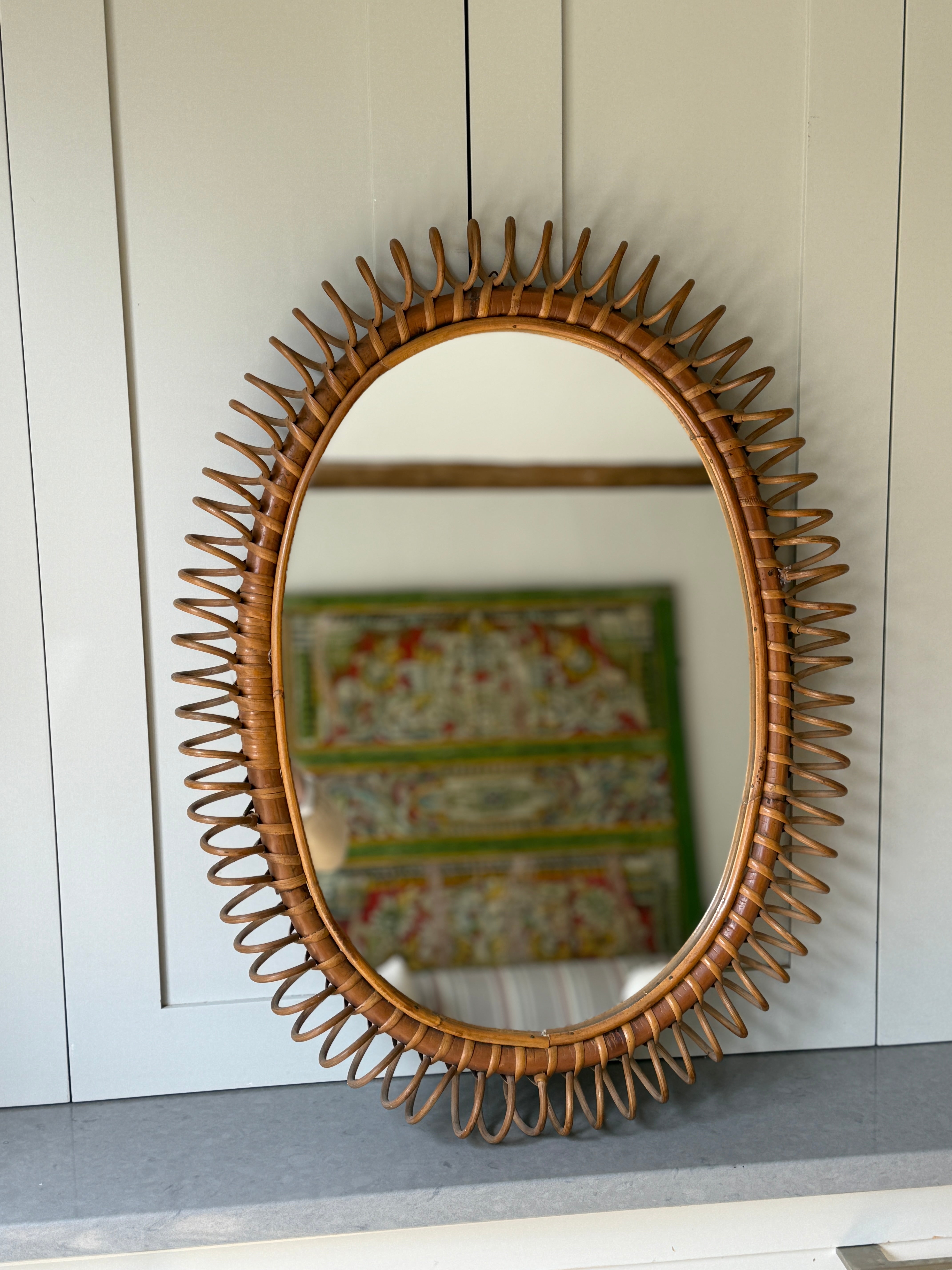 Oval Rattan Cane Spiral Mirror- Italy 1960
