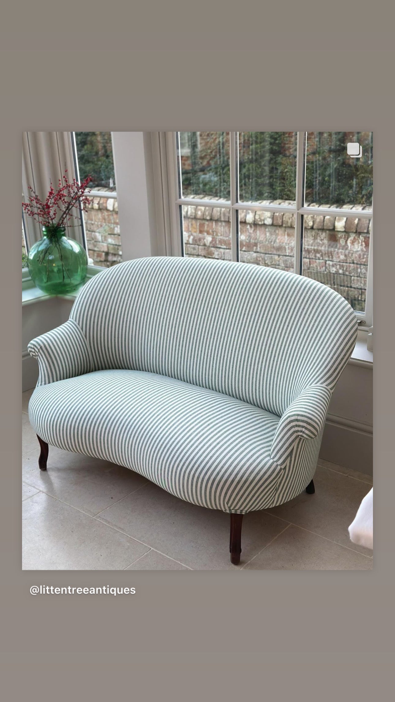Small French 2 Seat Sofa ‘loveseat’ in green and white ticking