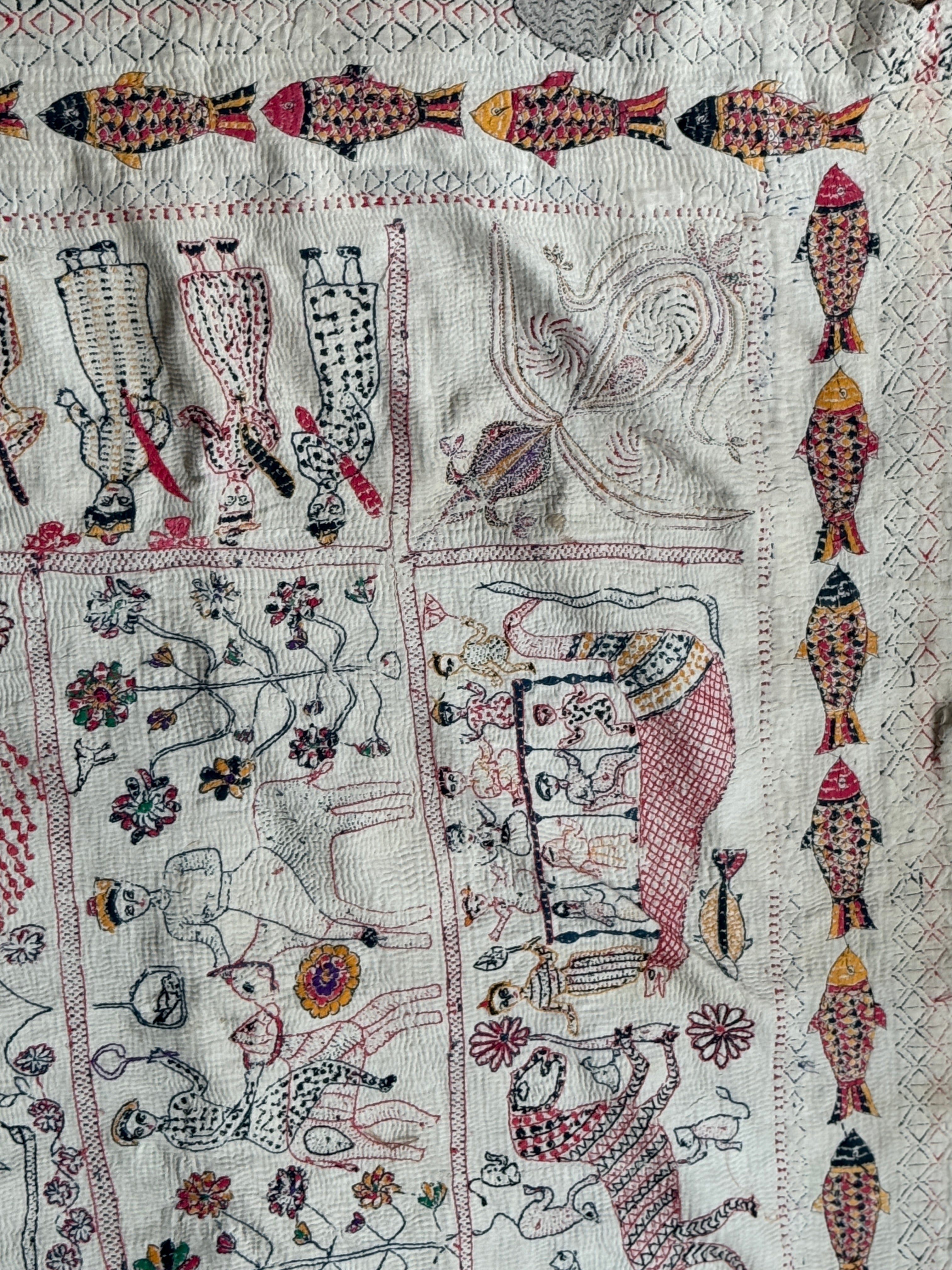 Rare Bengali Nakshi Kantha with Fish Border c late 19th Century