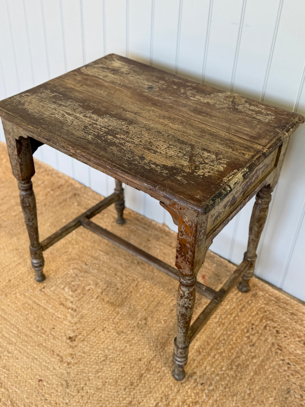 Rustic Antique Painted Side Table with Turned Legs