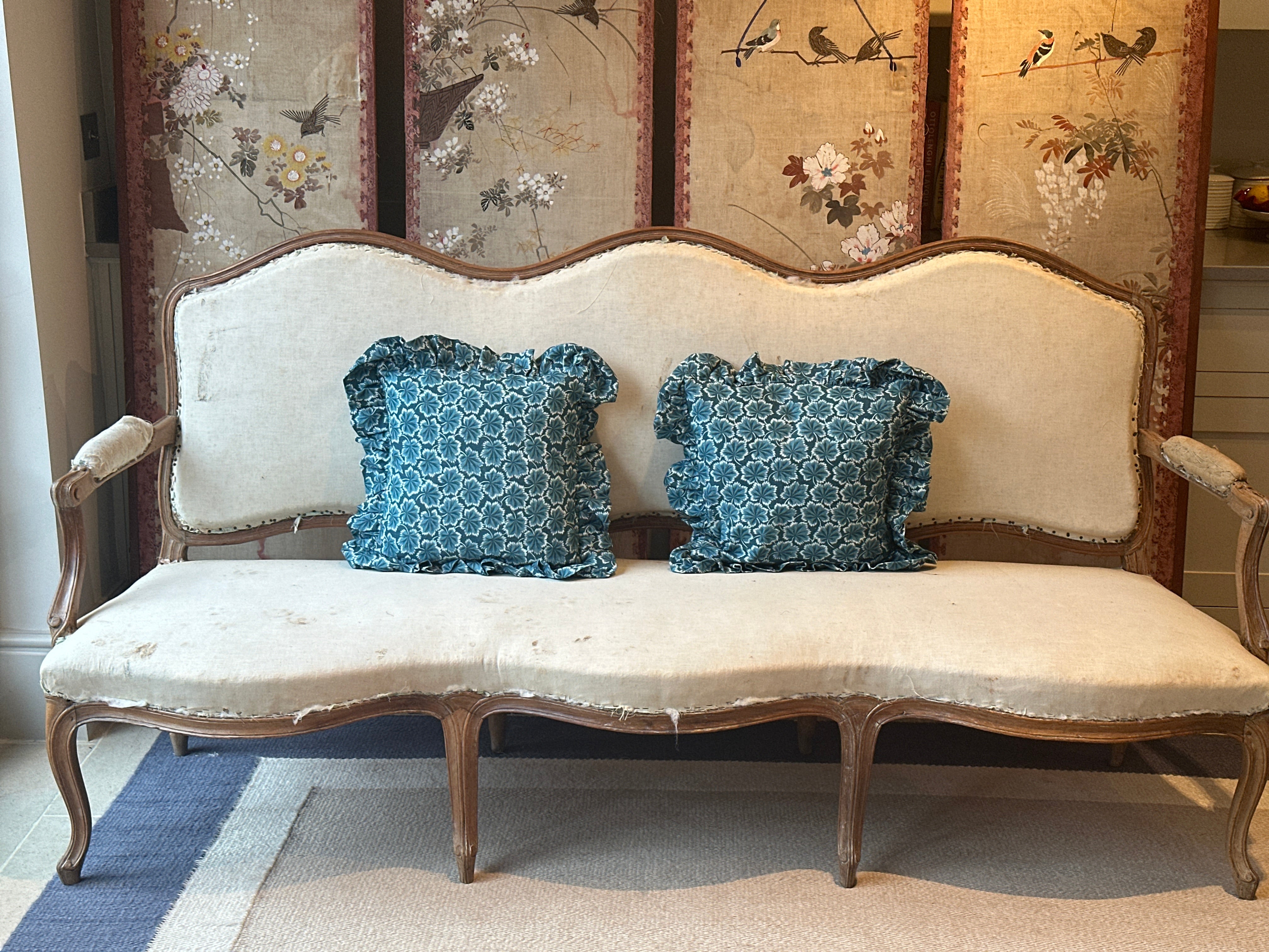Large French Fauteuil Sofa reupholstered in Le Manach Balmoral Blue (Pierre Frey)