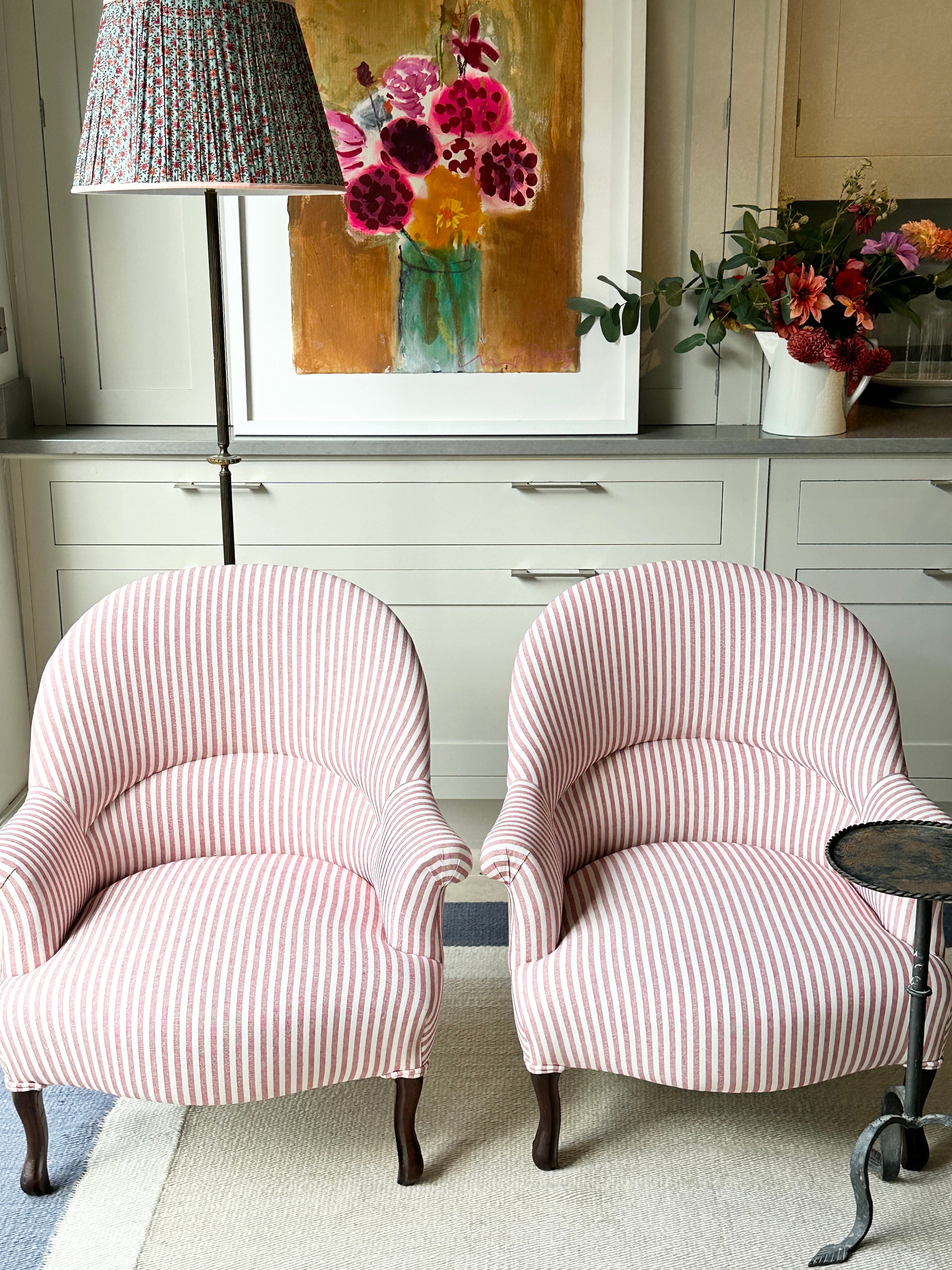 C19th French Crapaud Tub Chairs in Red and White Ticking