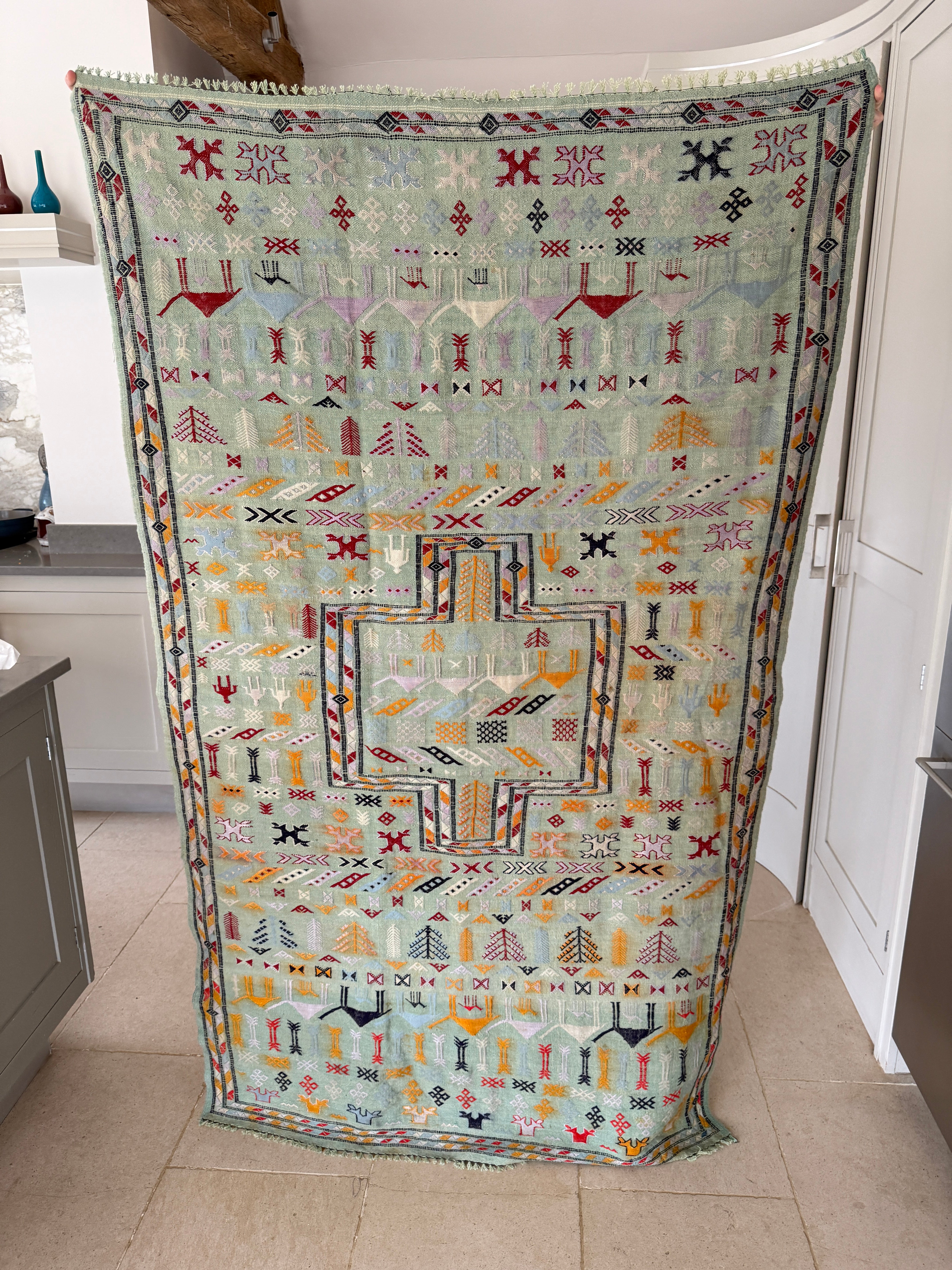 Vintage Pale Blue Moroccan Kilim with polychrome motifs
