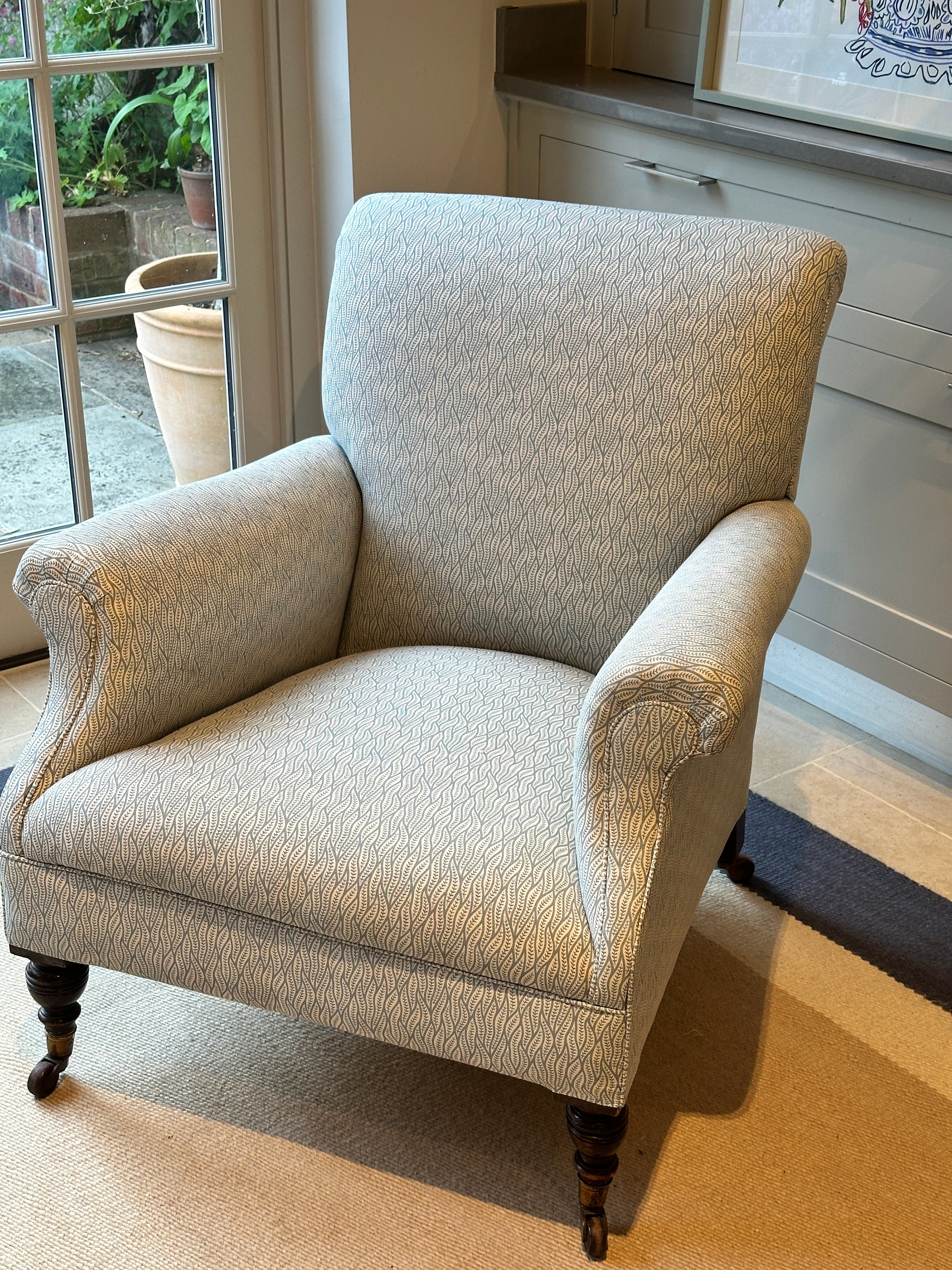 Large English 19th Century Armchair in Bennison Benjelloun Teal on Oyster
