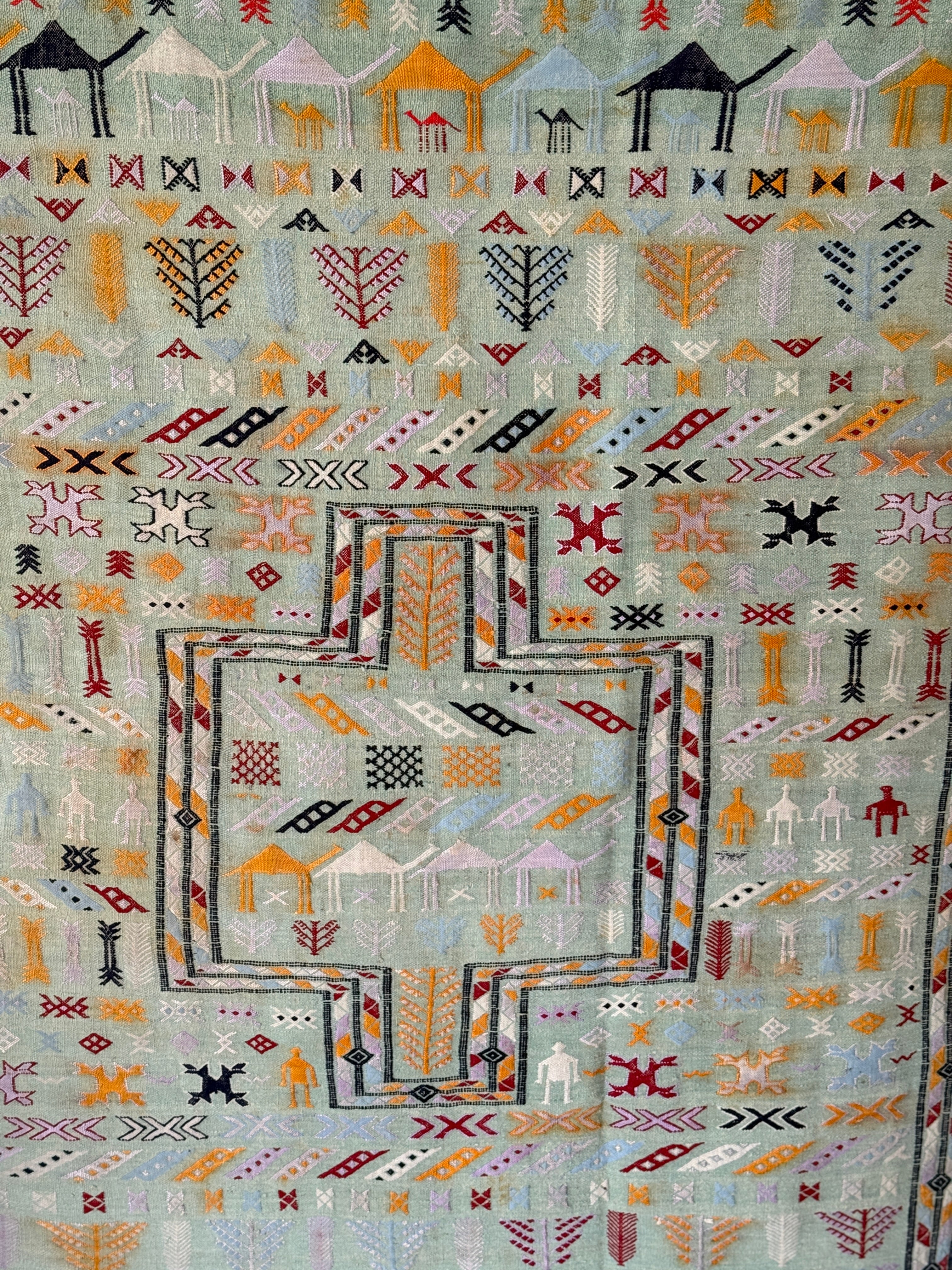 Vintage Pale Blue Moroccan Kilim with polychrome motifs