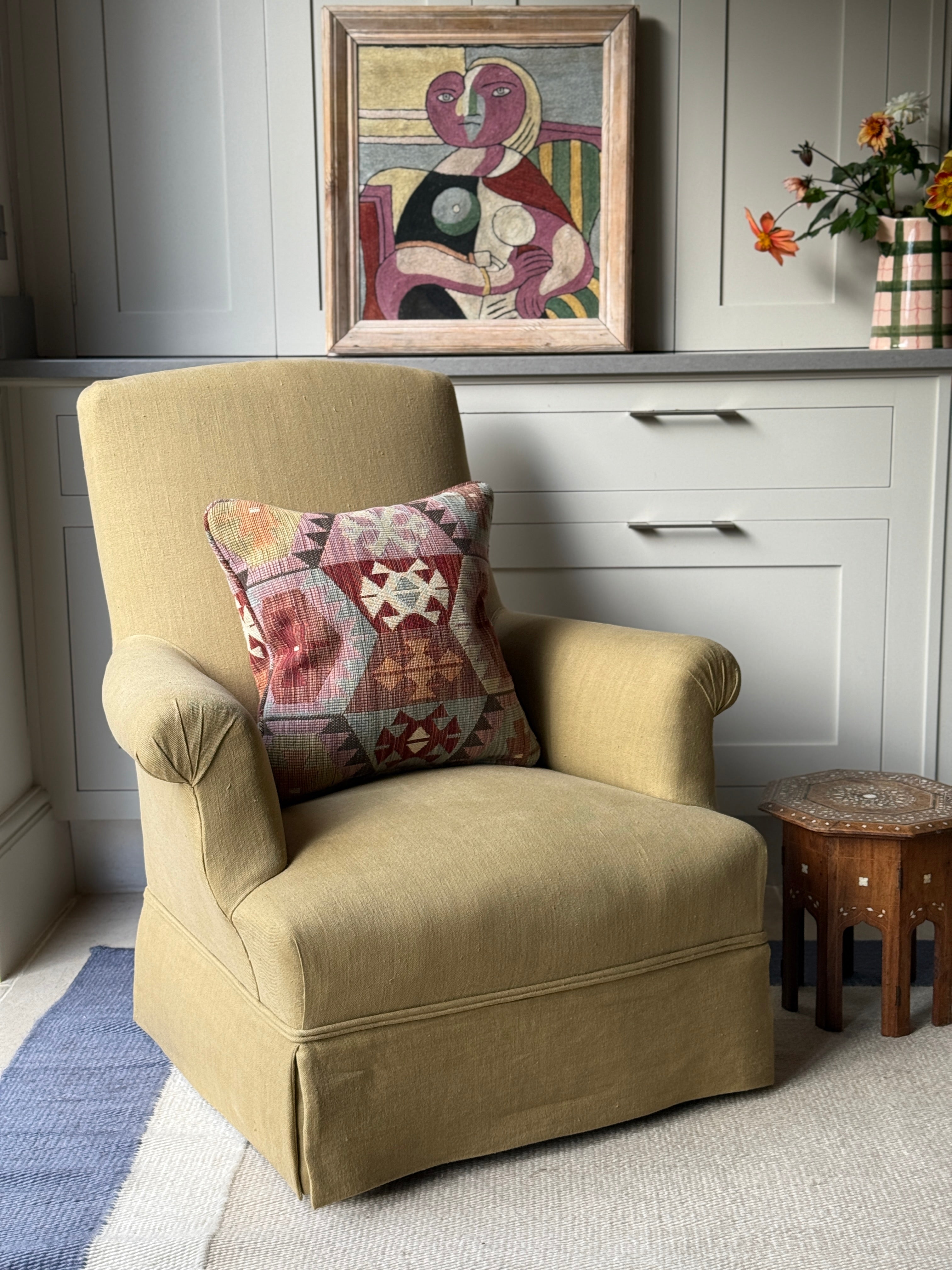 French Squareback Chair Upholstered on yellow linen with skirt