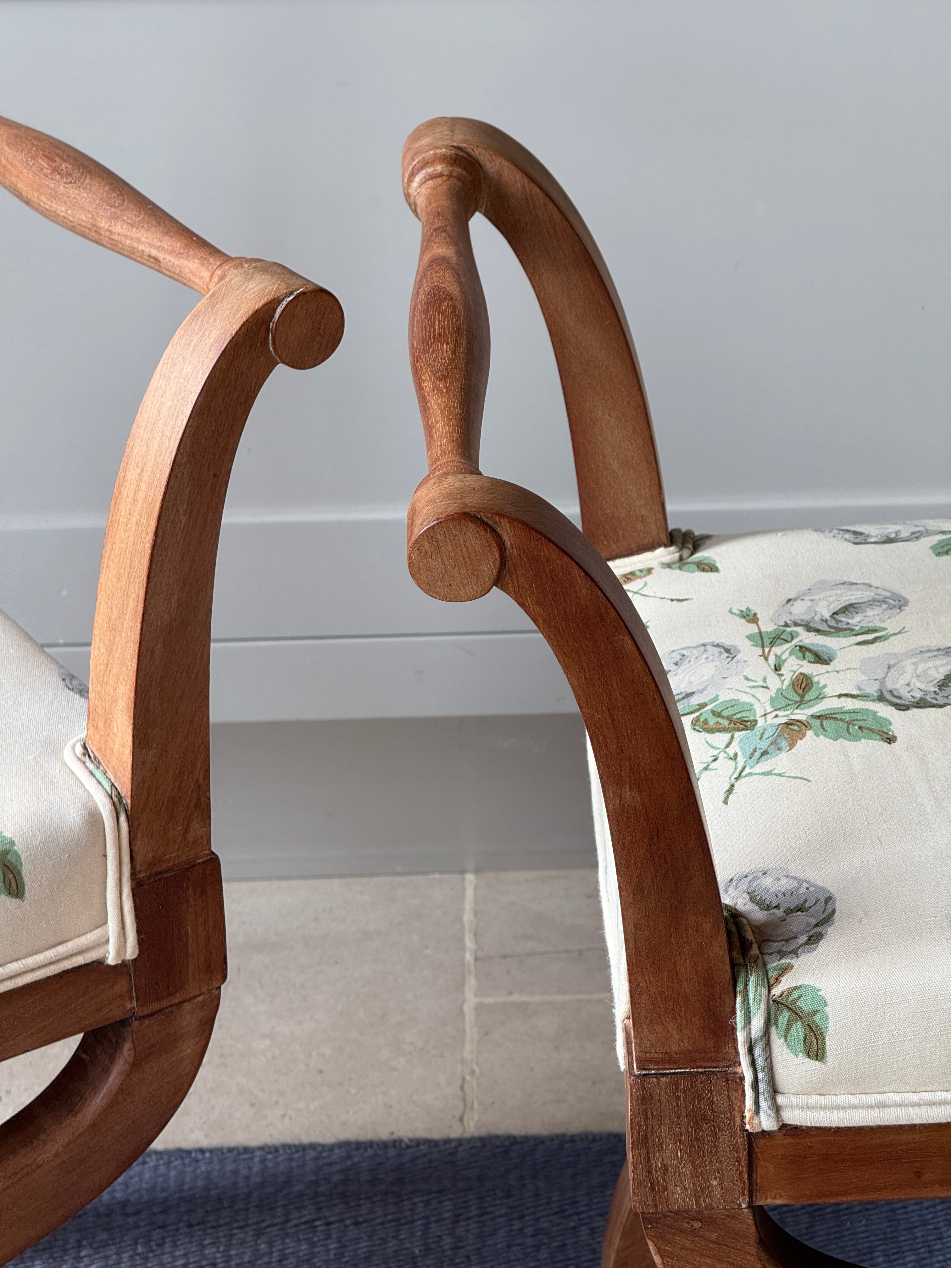Pair of Bleached Mahogany X Frame Stools Upholstered in Colefax and Fowler Bowood