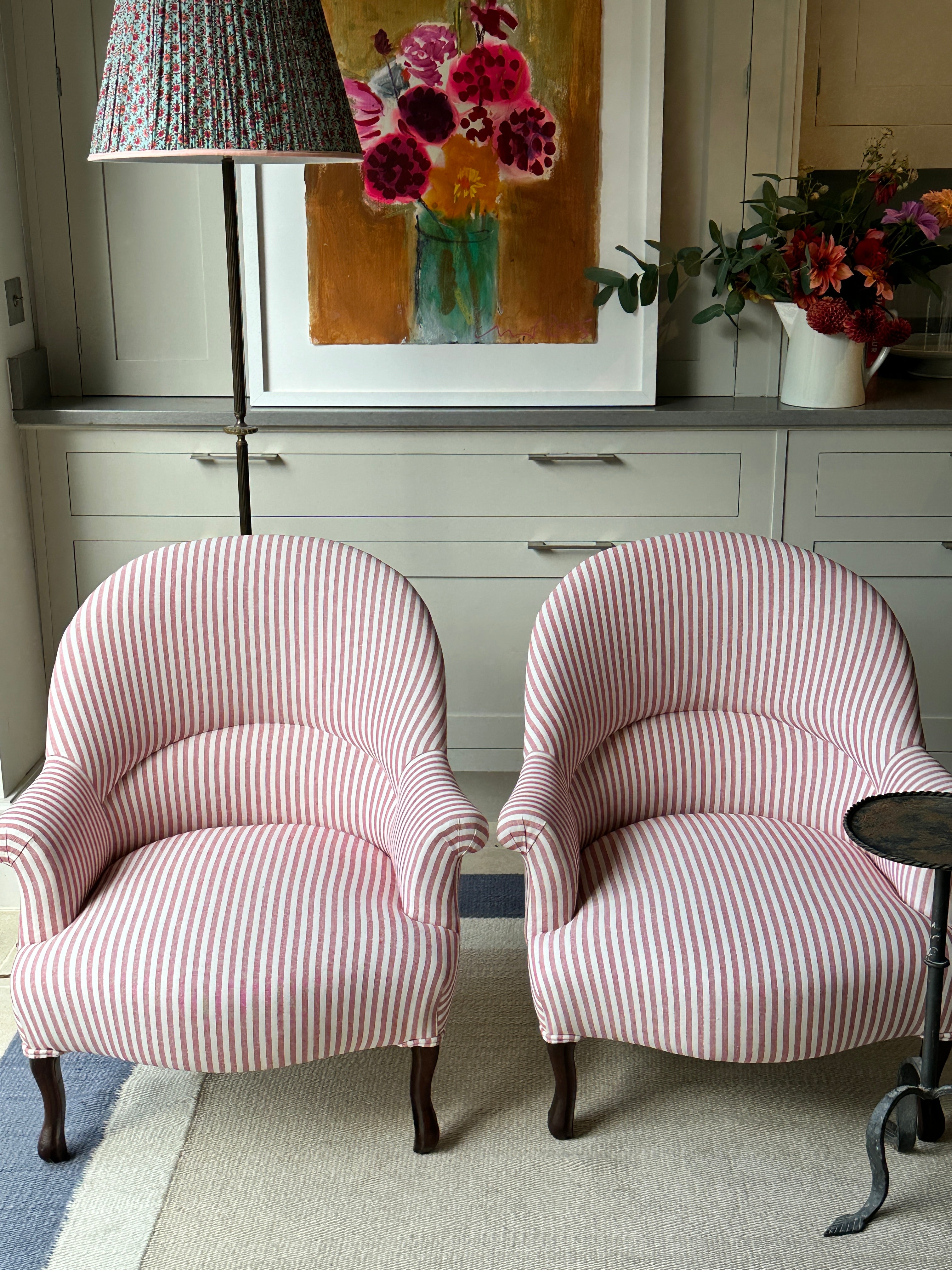 C19th French Crapaud Tub Chairs in Red and White Ticking