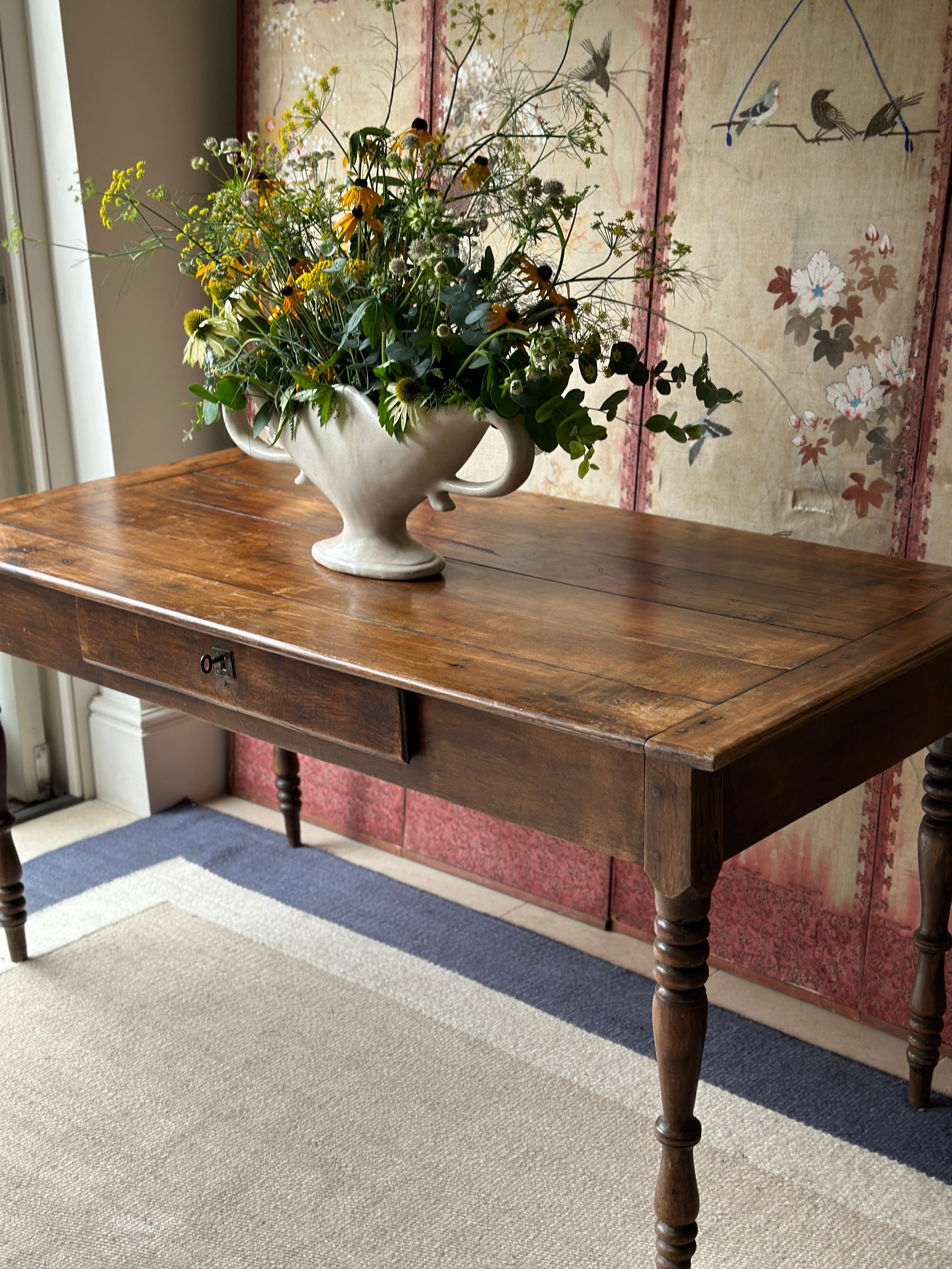 French Antique Pine Dining Table with drawer