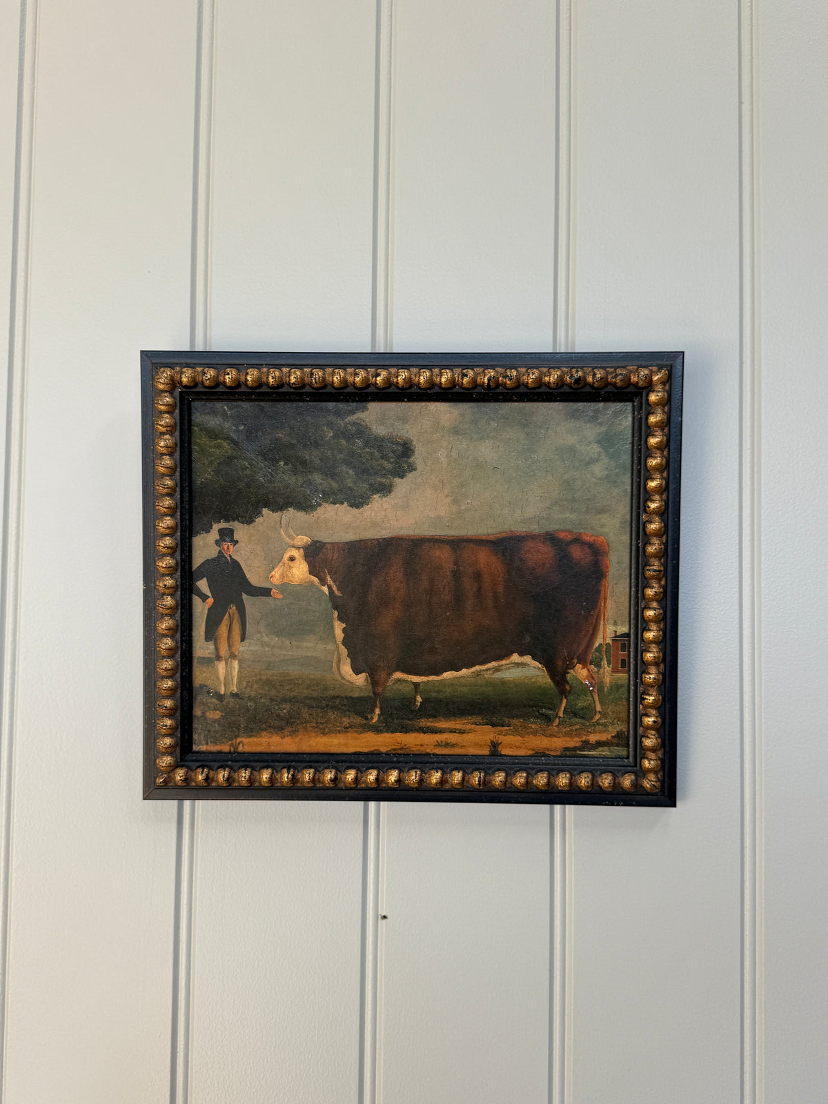 Framed Oil on Board Painting of Prize Bull and Owner