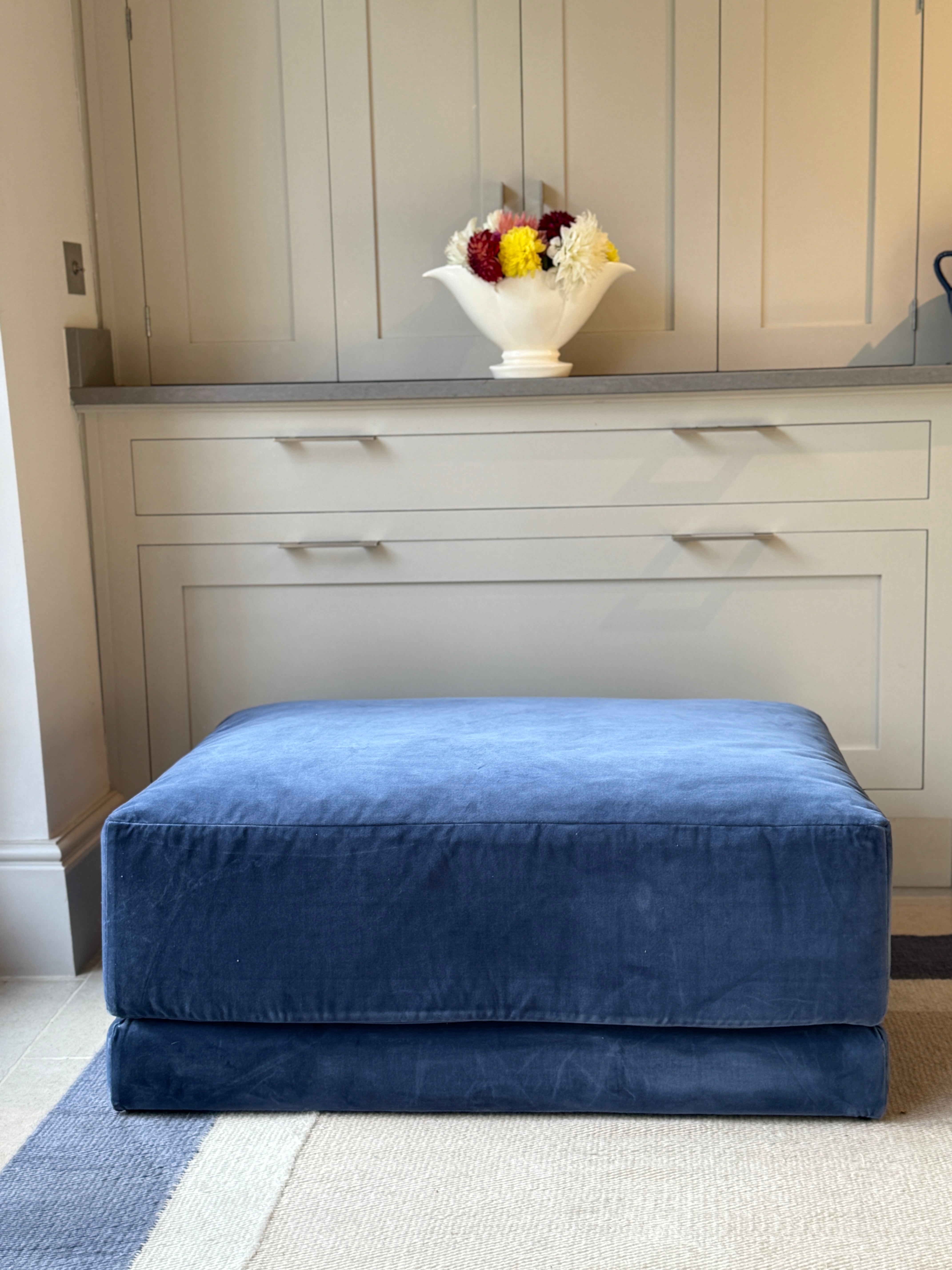 Navy Velvet Modern Ottoman