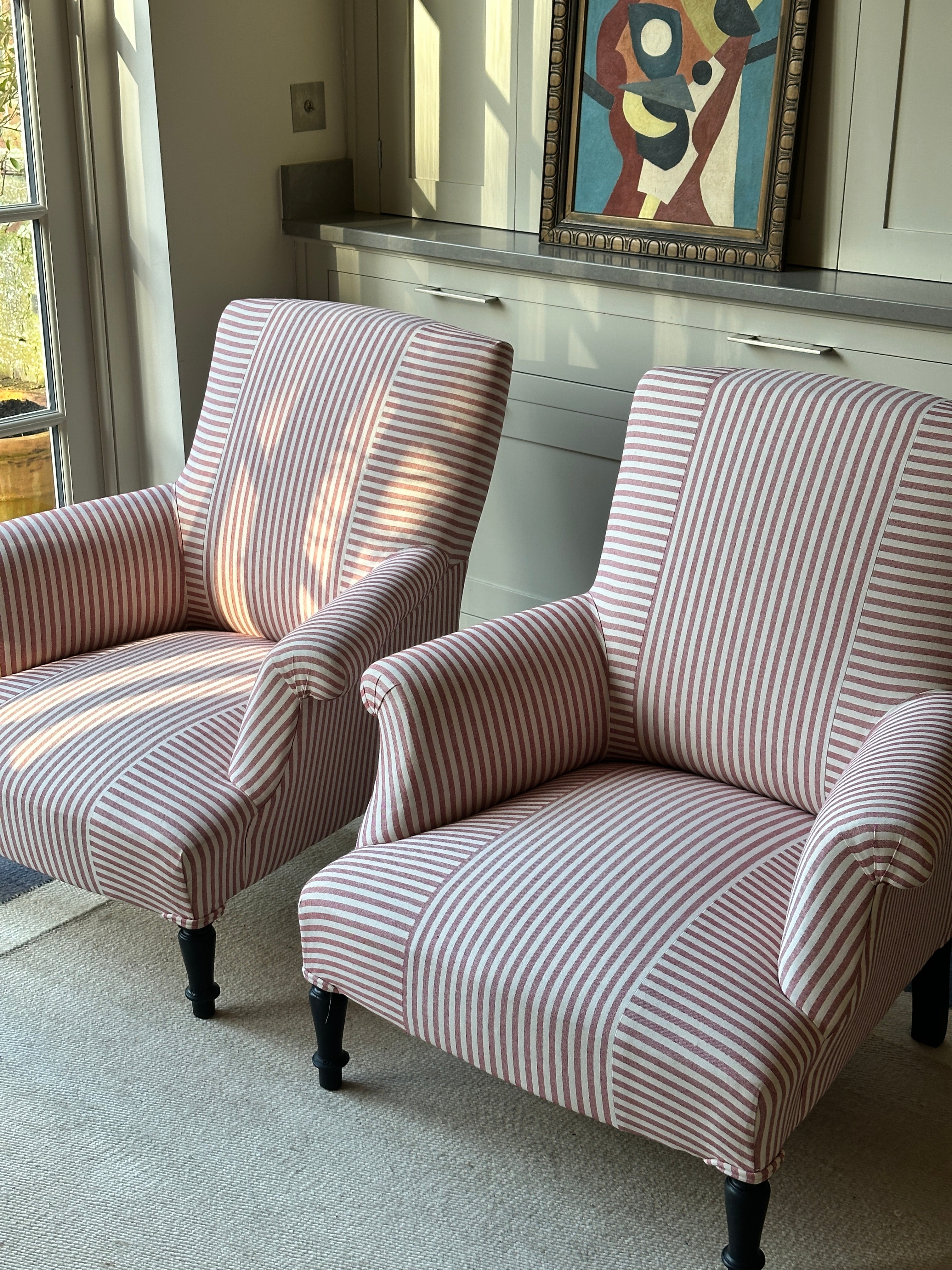 Pair of Napoleon III Squareback chairs in Red ticking Criss Cross