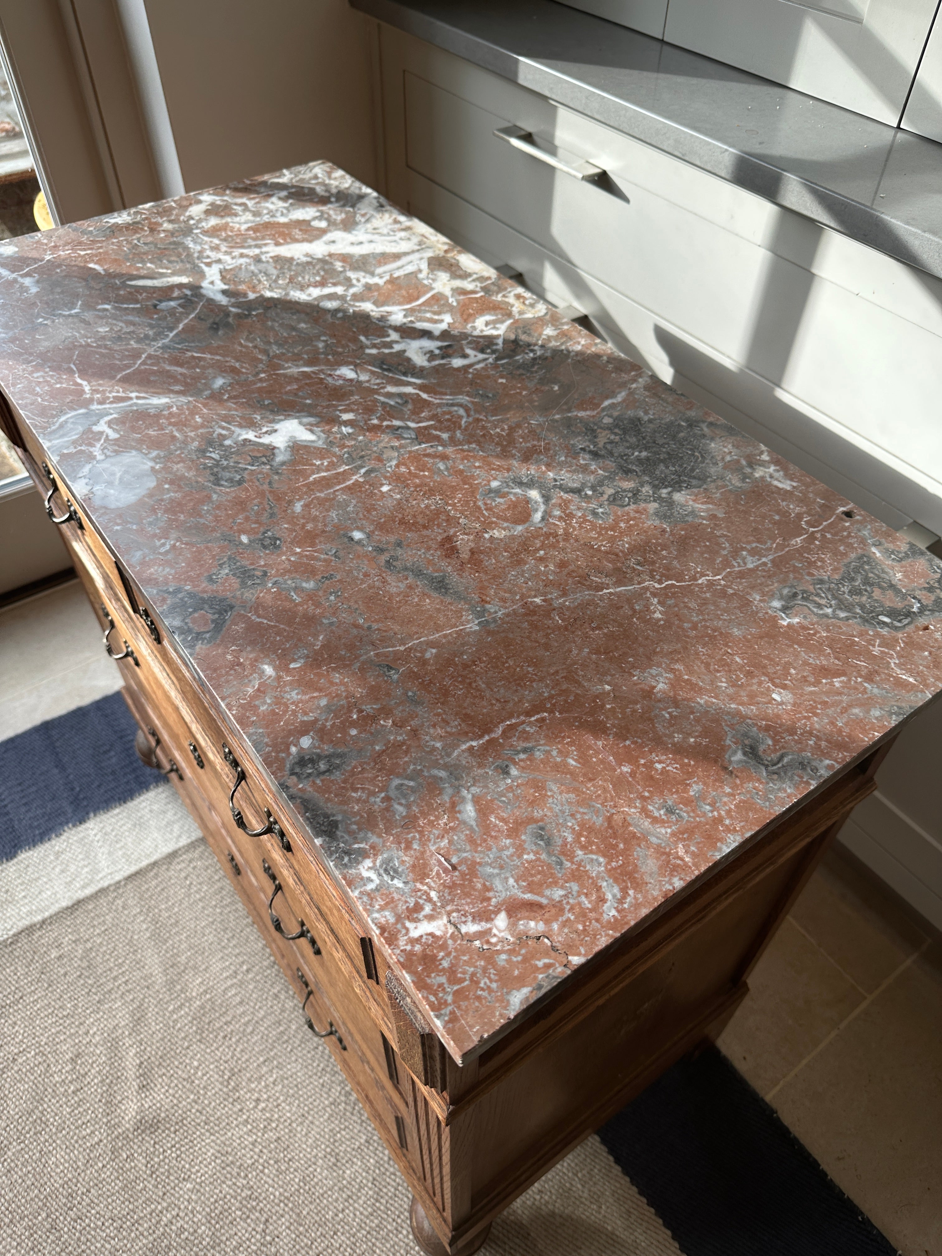 Small Early 20th Century Oak Commode with Polychrome Marble Top