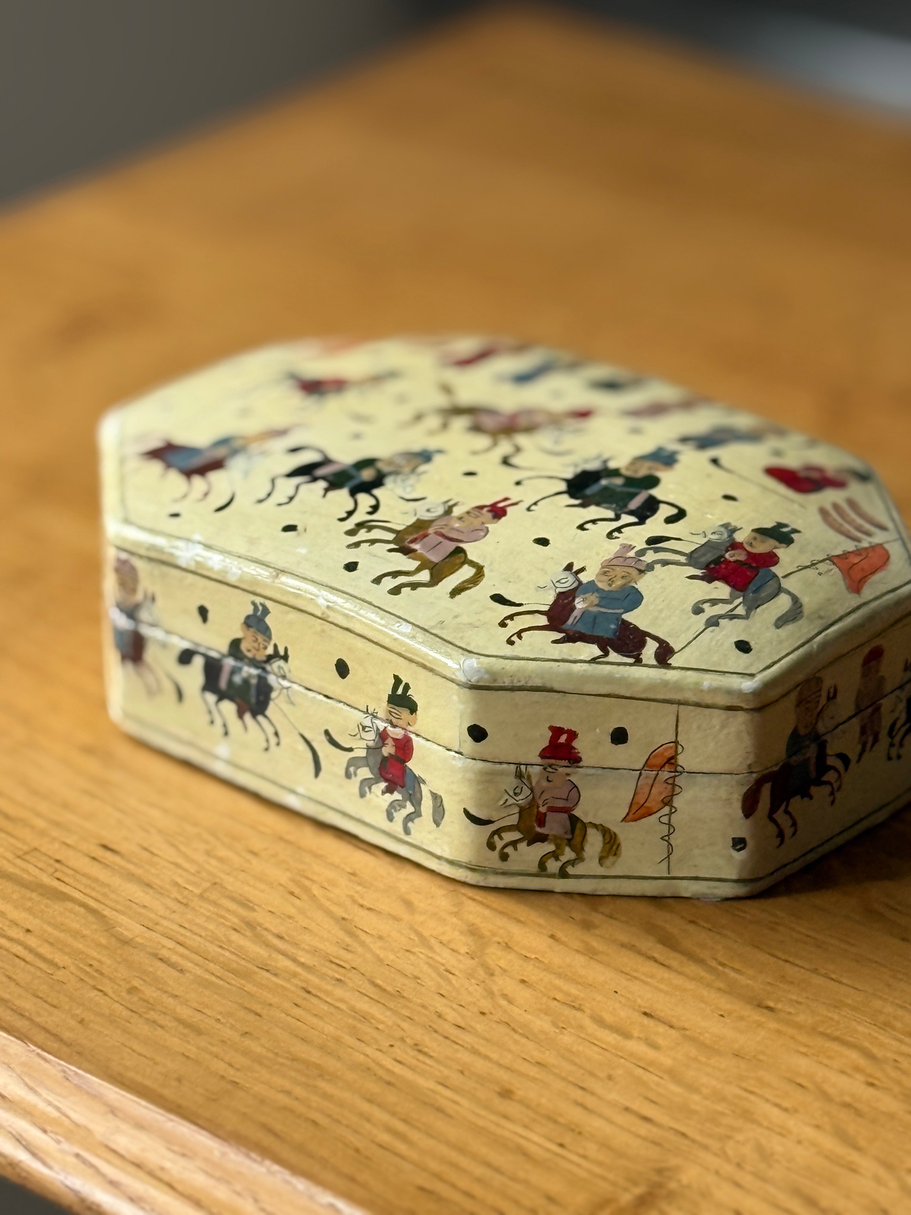 Vintage Yellow Papier Mache box with Mughal polo figures.