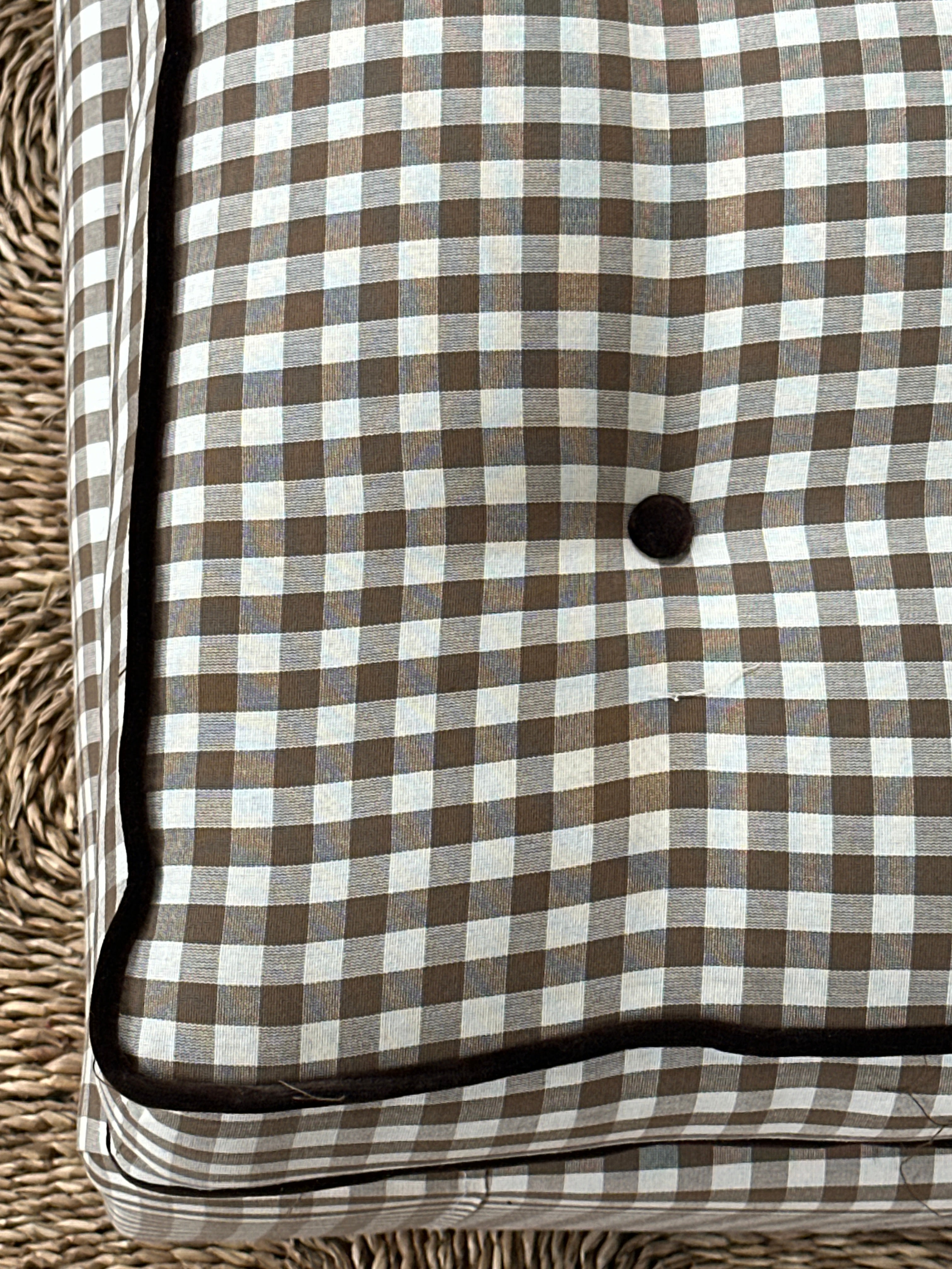 Large Daybed with Squab cushion in brown gingham and brown velvet piping and buttons.