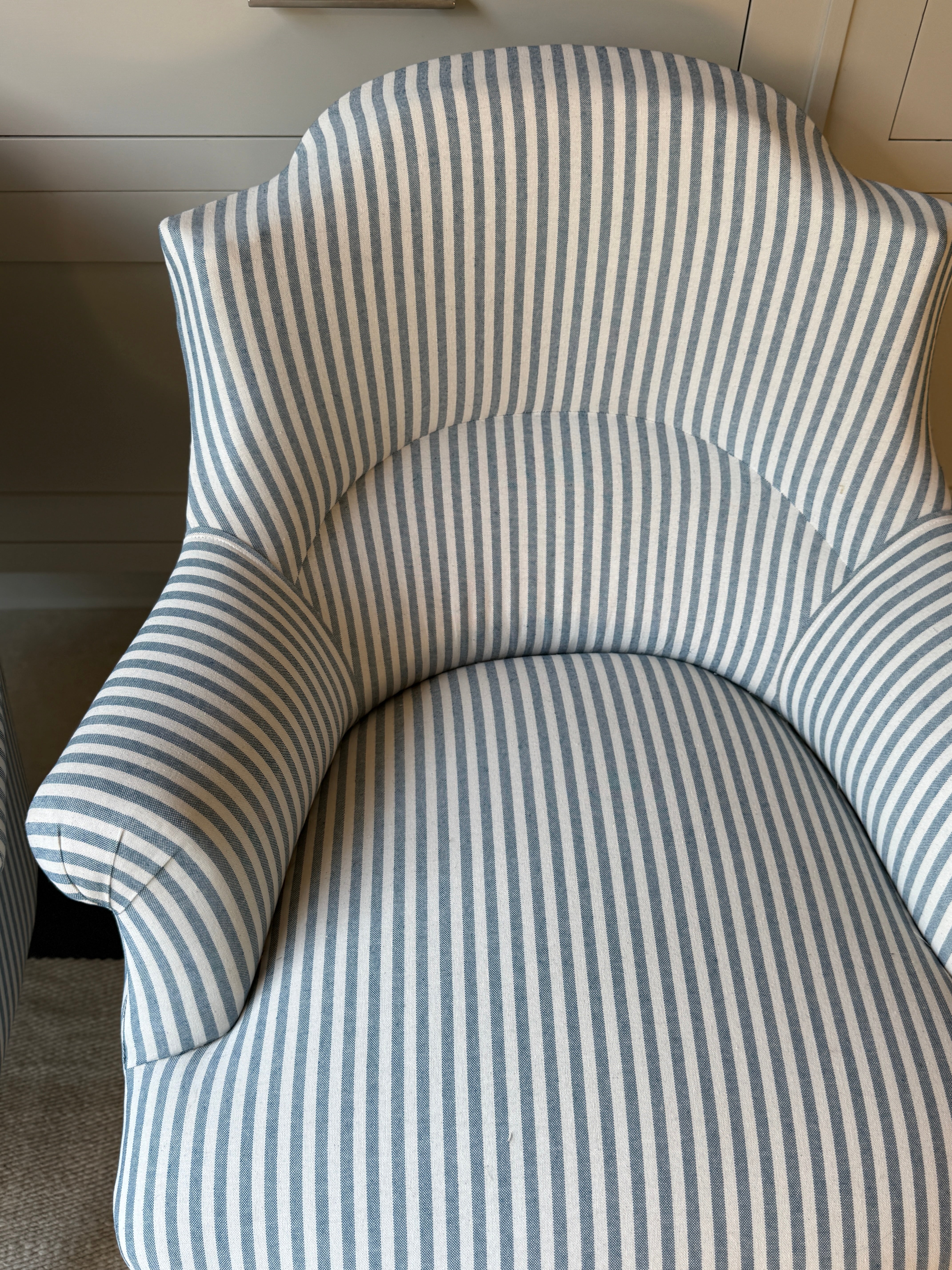 Pair of French Tub Chairs in Blue Ticking