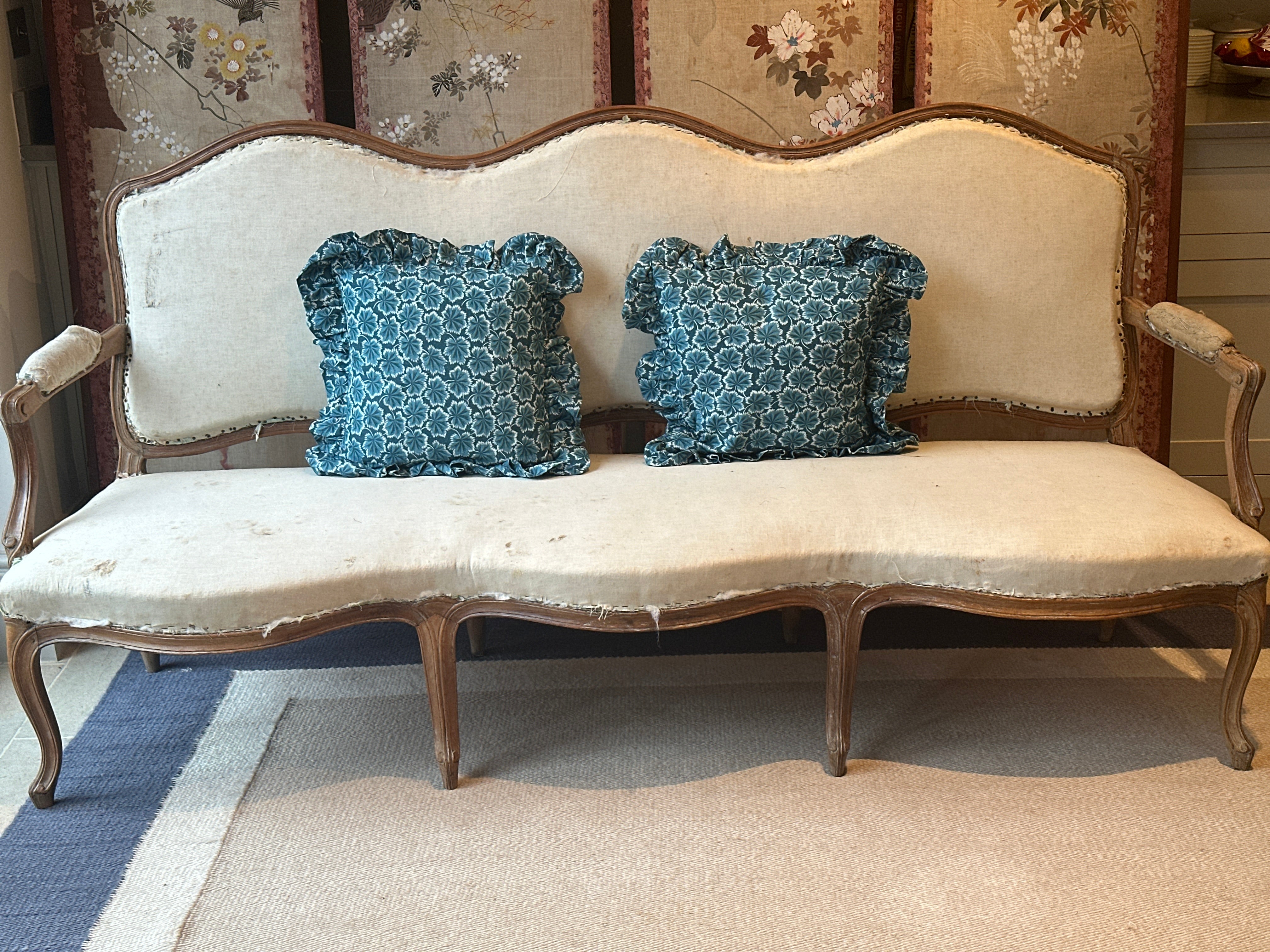 Large French Fauteuil Sofa reupholstered in Le Manach Balmoral Blue (Pierre Frey)