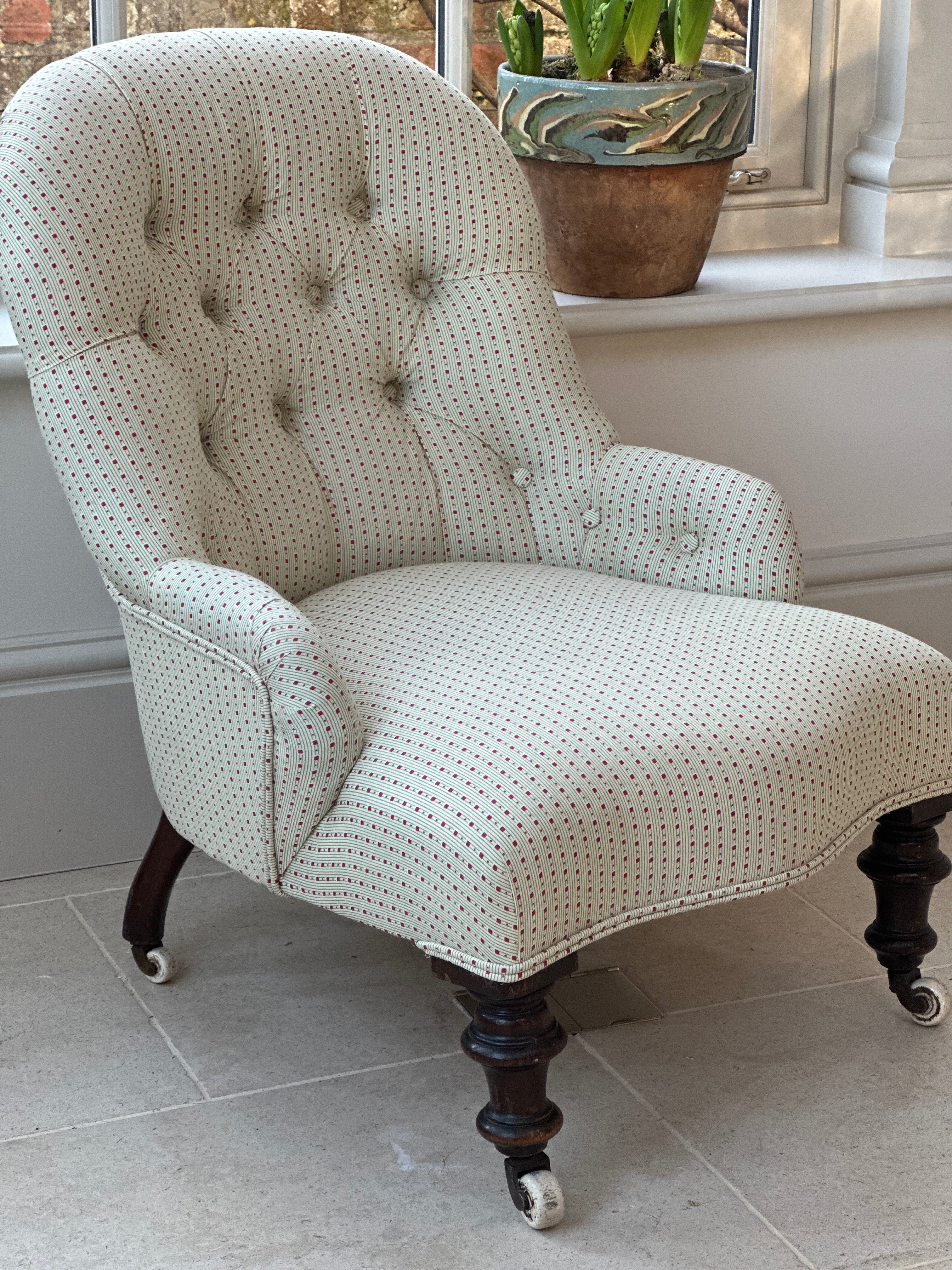 English Button Back Tub Chair in Tonal Ticking by Kathryn M Ireland