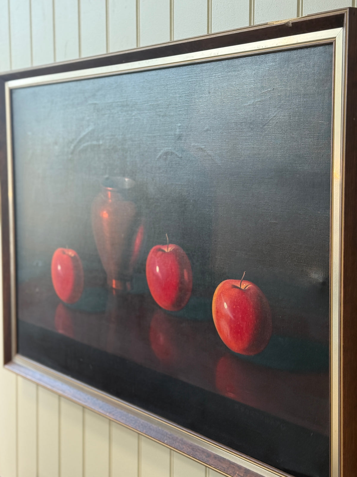 Still life oil painting in a dark, dramatic, almost Dutch Golden Age manner