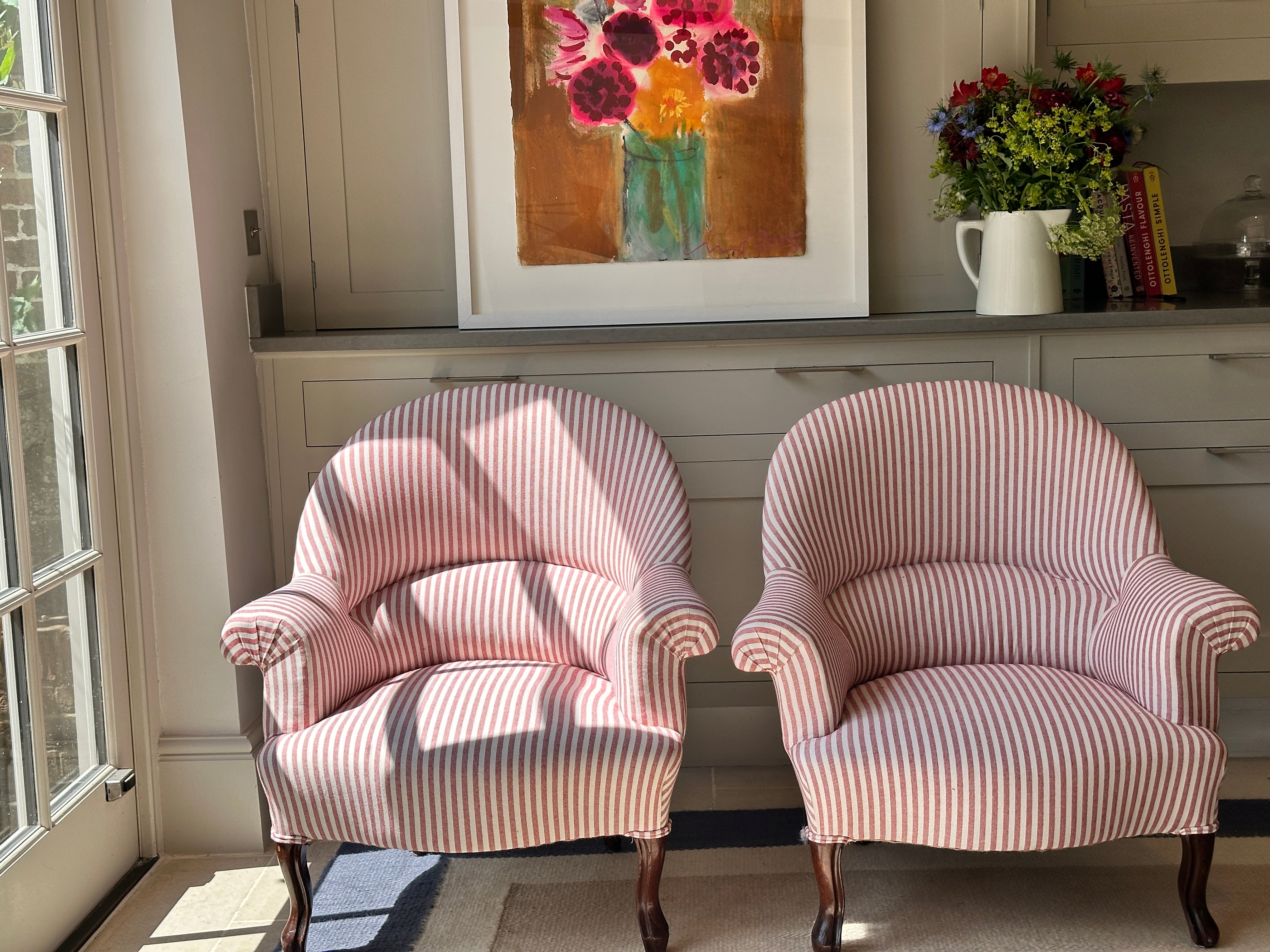 French Crapaud Tub Chairs in Red & White ticking.