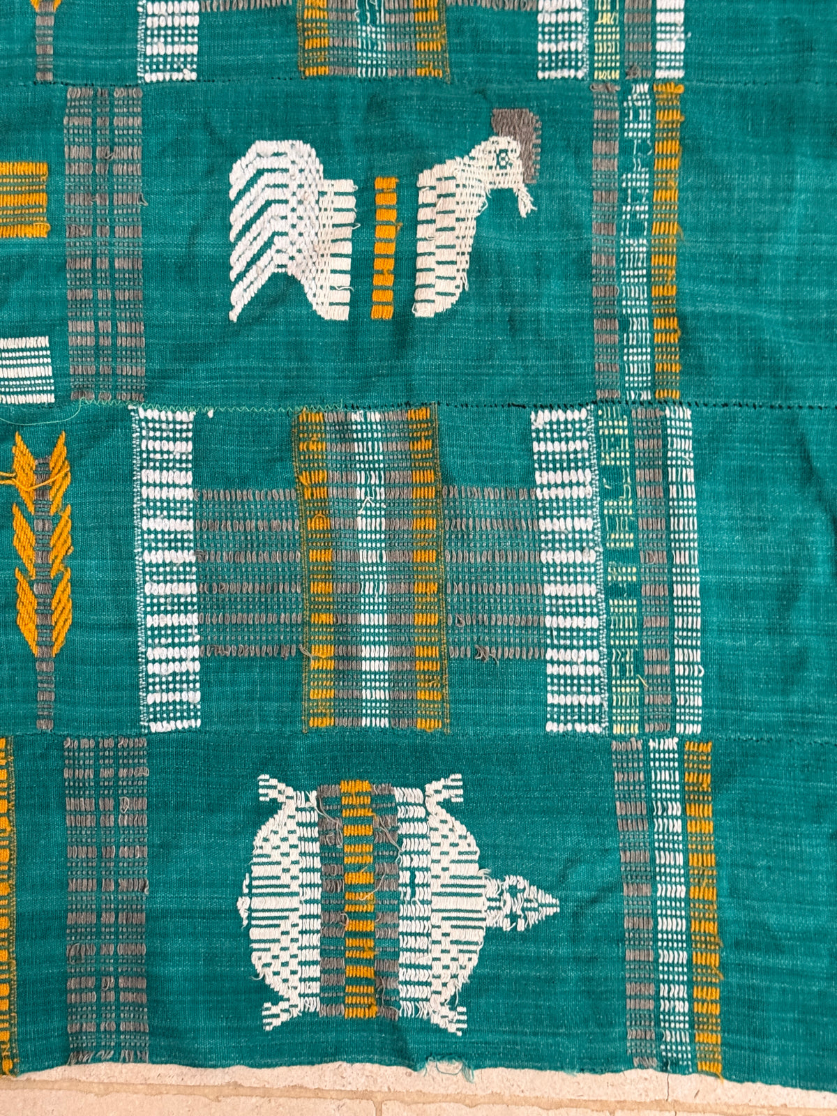 Senufo Hand-Woven Cotton Textile, Teal Green with Figurative Motifs