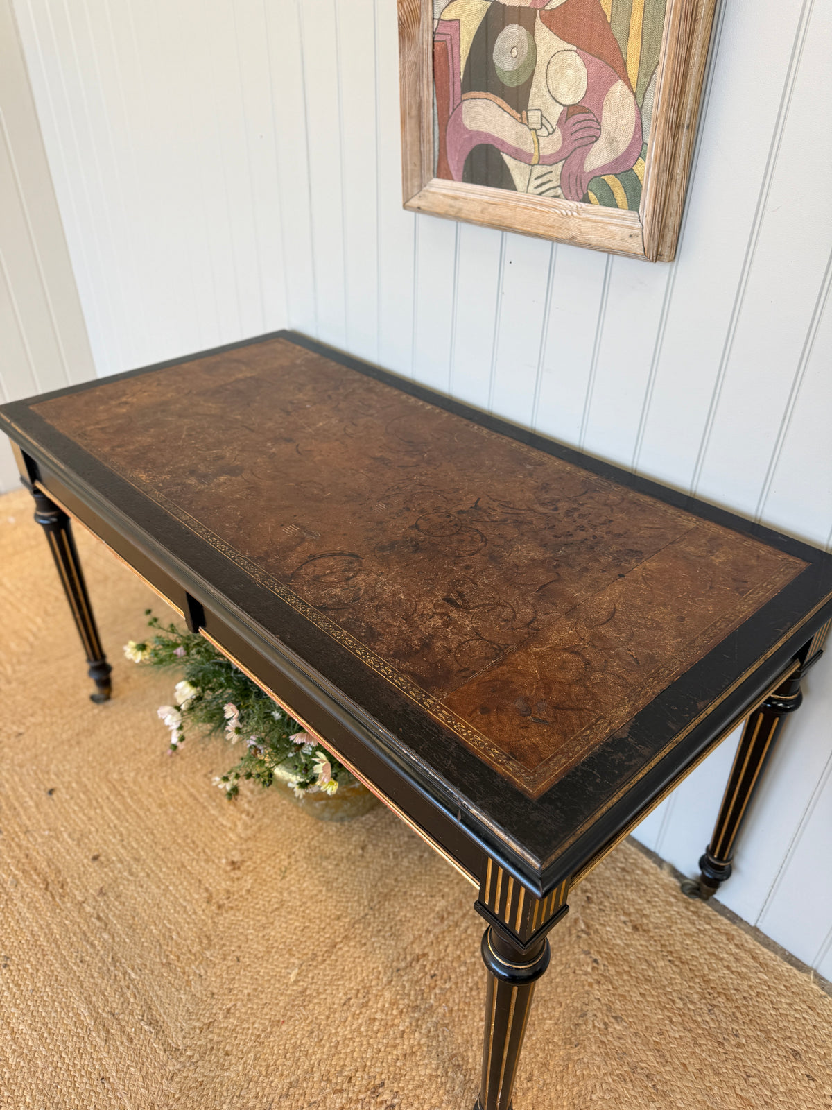 Victorian Aesthetic Movement Ebonised Writing Table with Gilt Detail and Leather Top