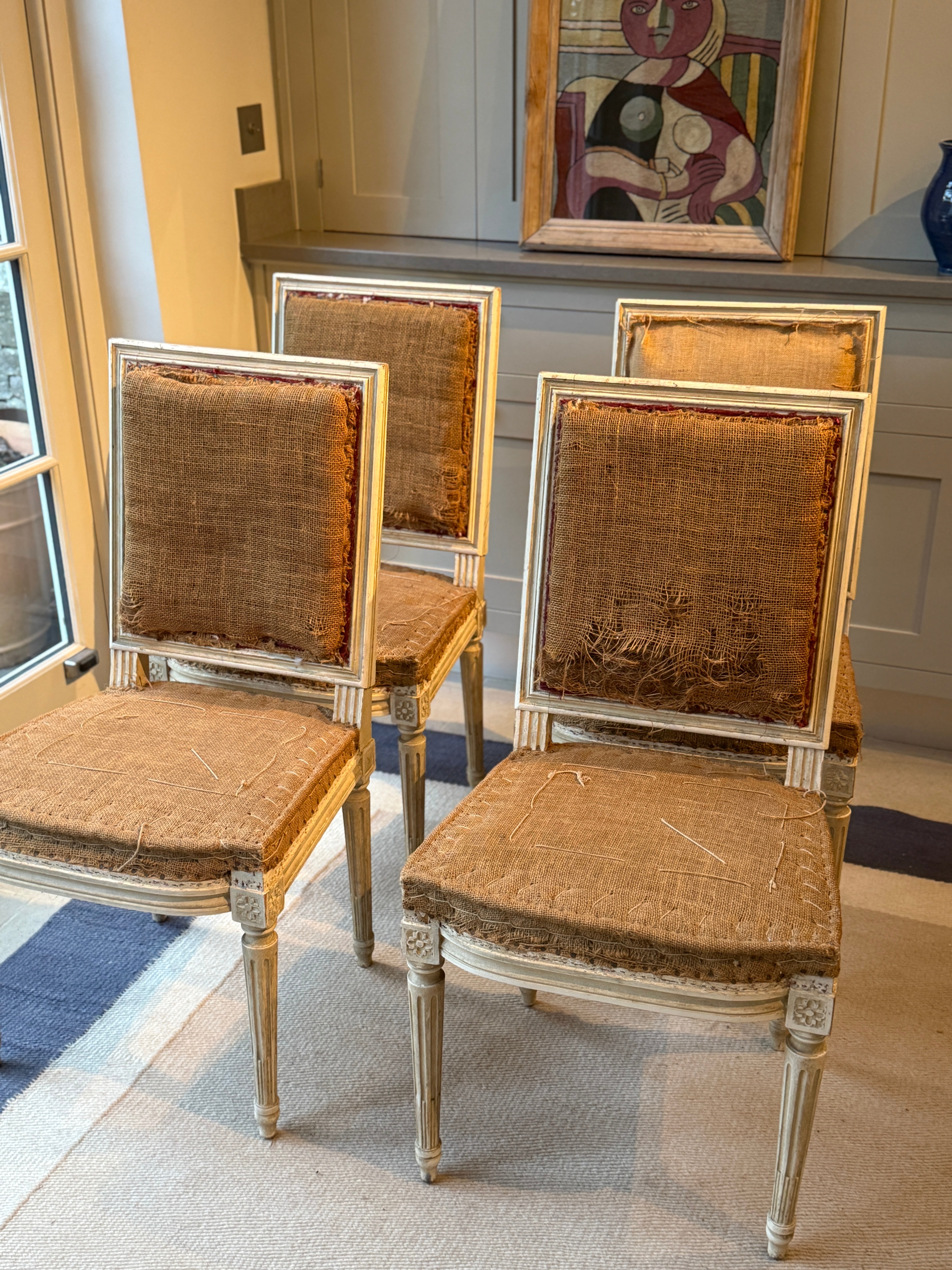 Set of Four French Chairs with Hessian Seats and Back