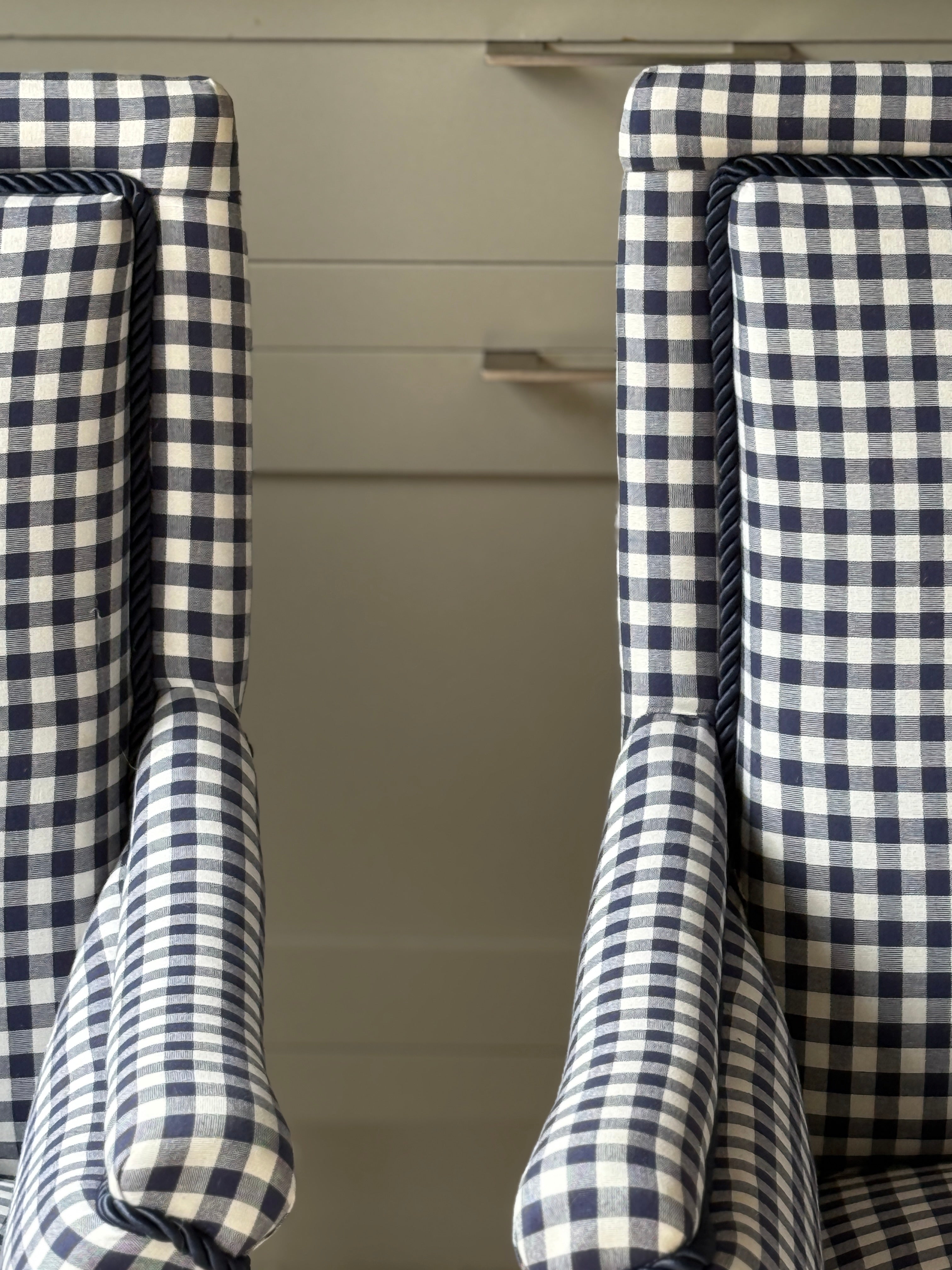 Pair of 19th Century French Armchairs in Navy Gingham