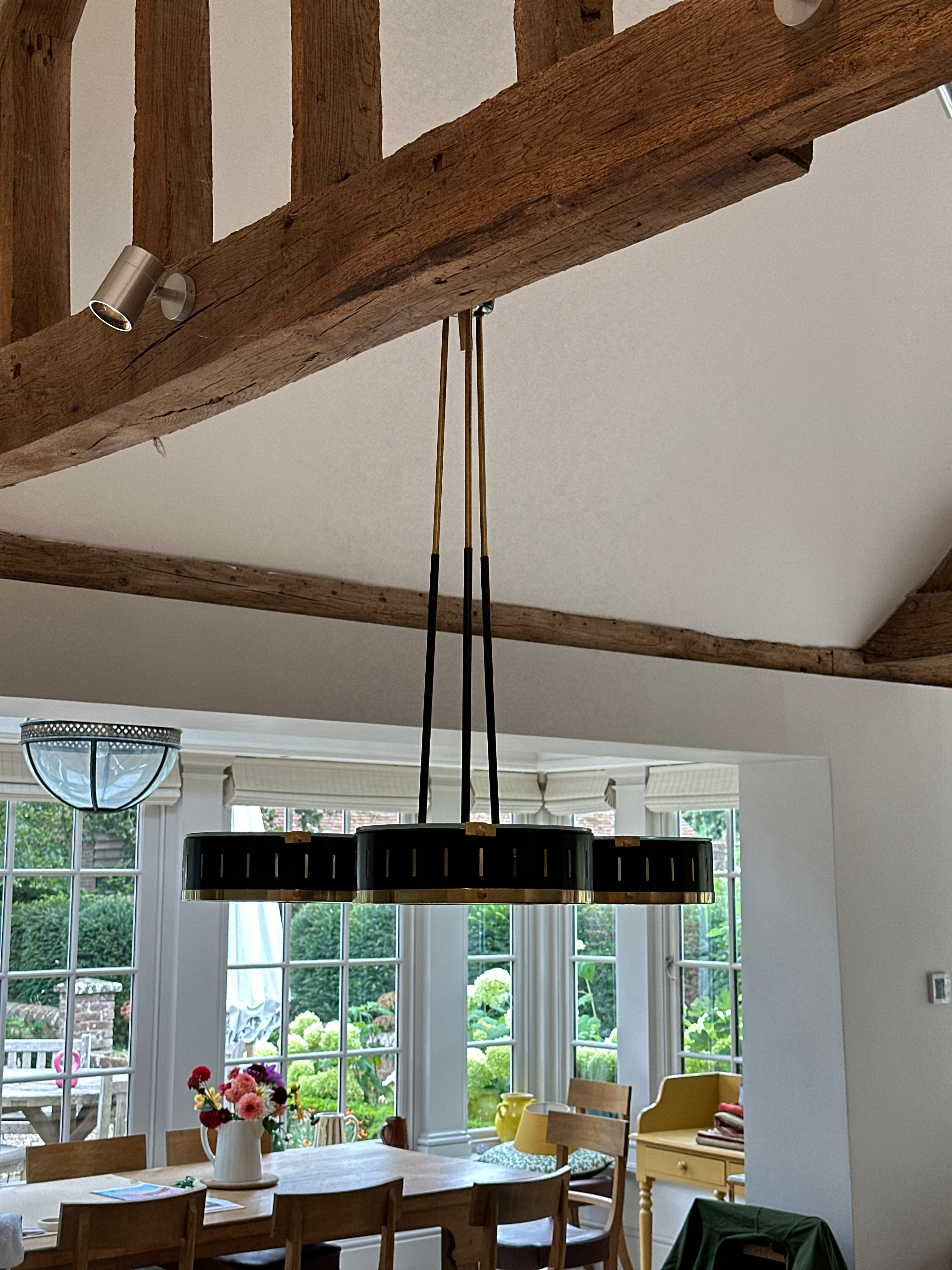 Large Italian ๐ฎ๐น 1950s Suspension light in black metal and brass by Stilux Milan