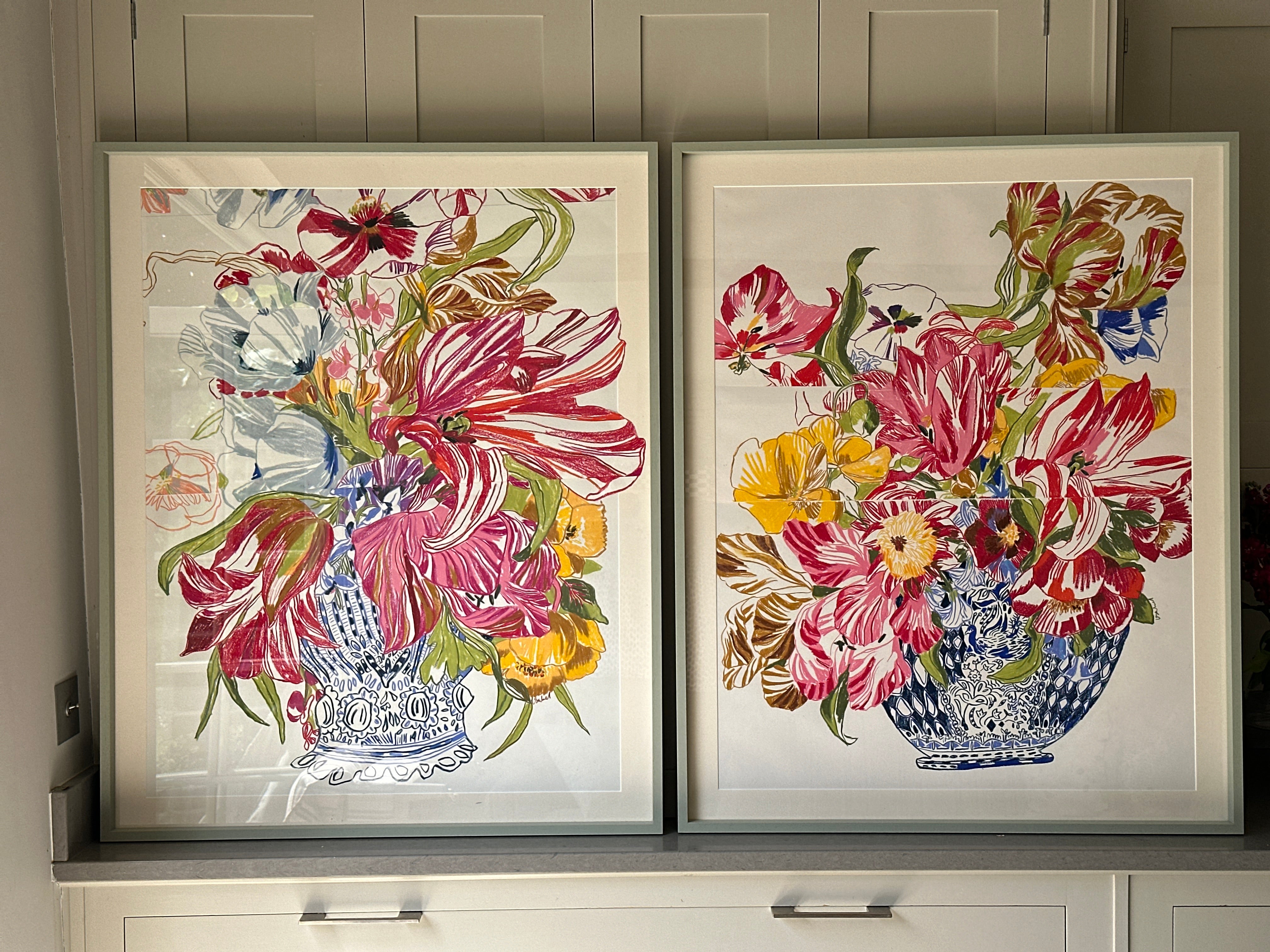 Ochre and Red Tulips - Delft Pot Oil Pastel Collaged by Isabel Fishlock