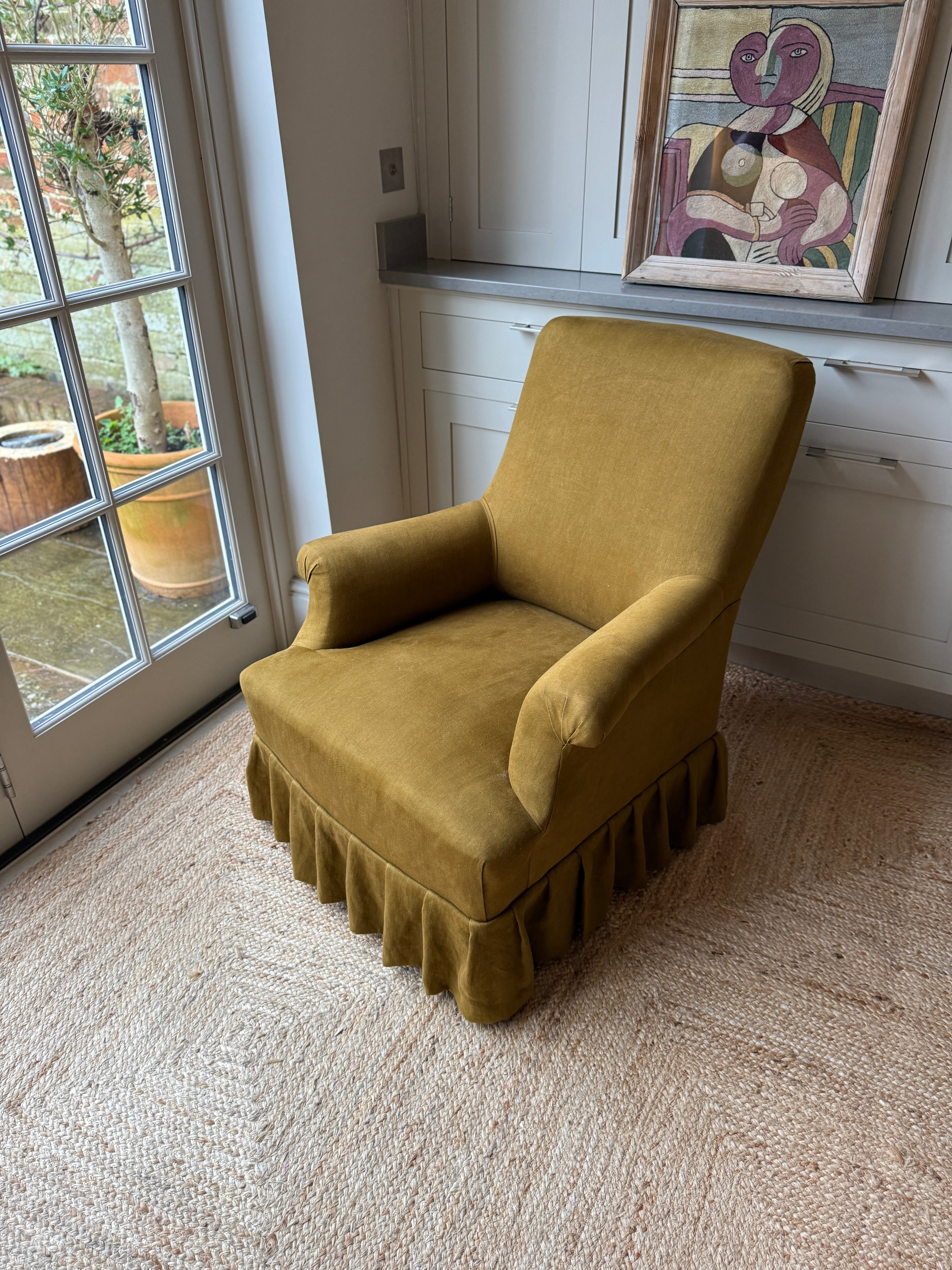 Late 19th Century Armchair in Khaki Green Linen and loose Skirt