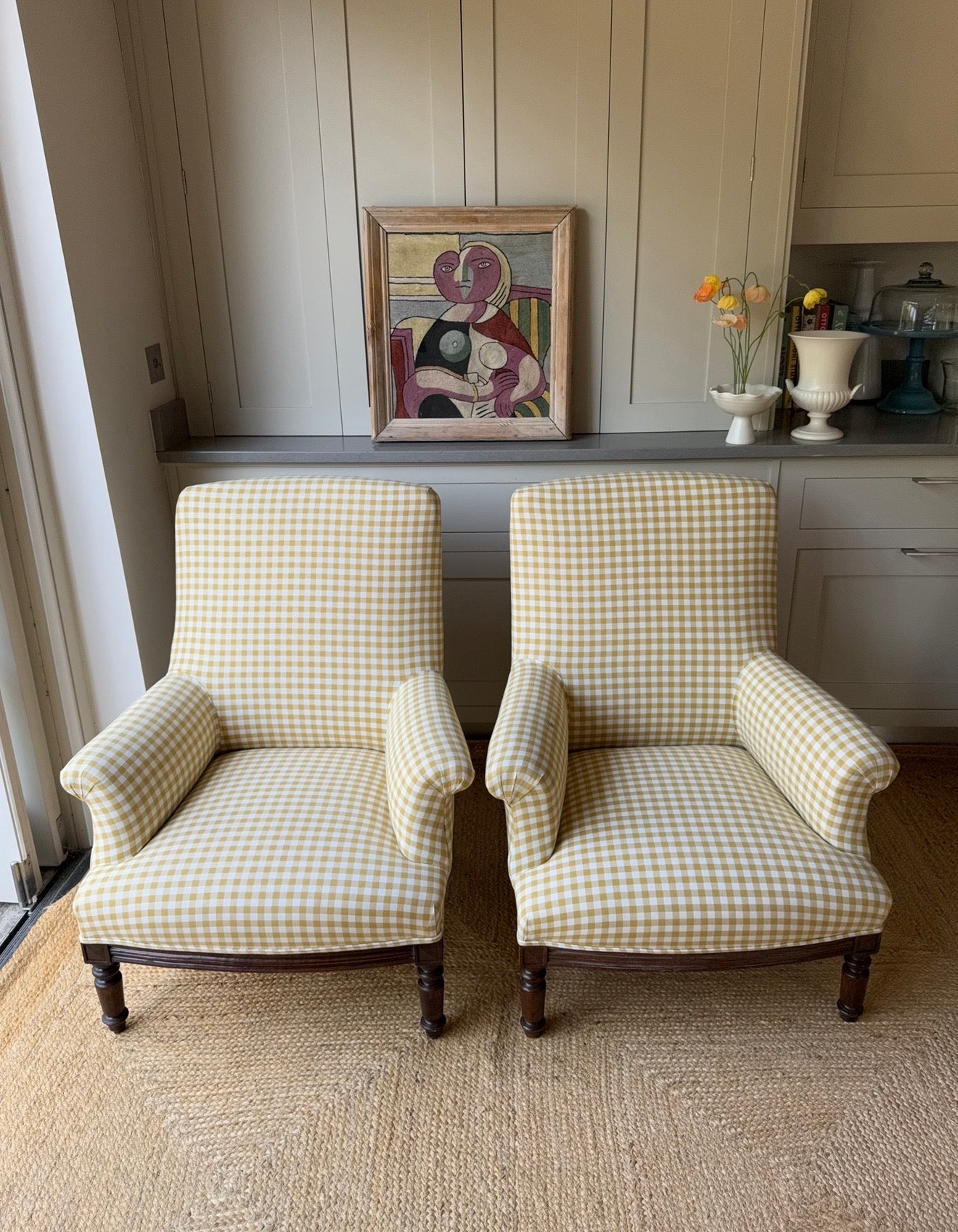 A Pair of Napoleon III Armchairs, Reupholstered in Yellow Gingham