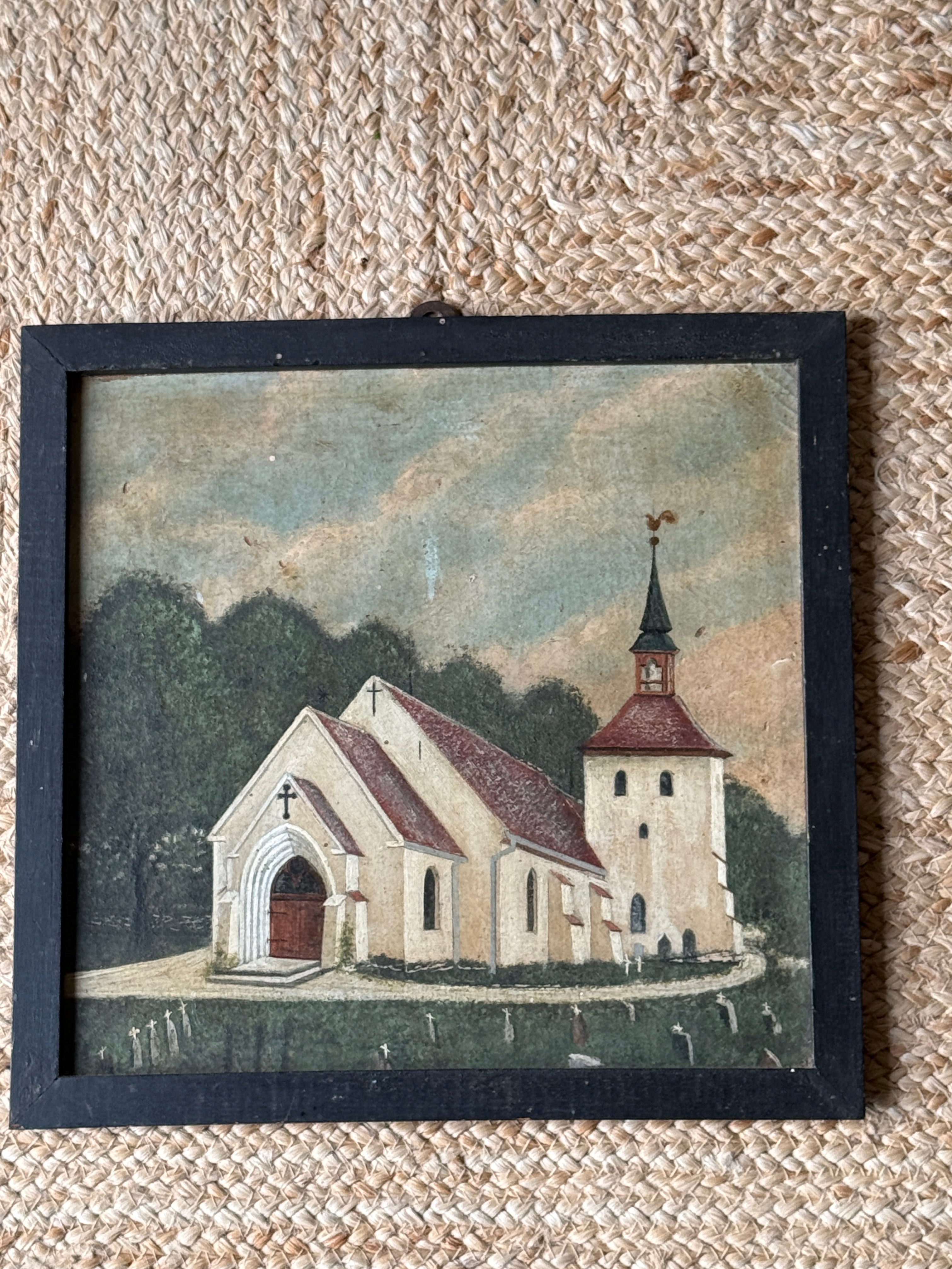 19th Century Primitative Oil Painting of Church in the US by Julius Hansen
