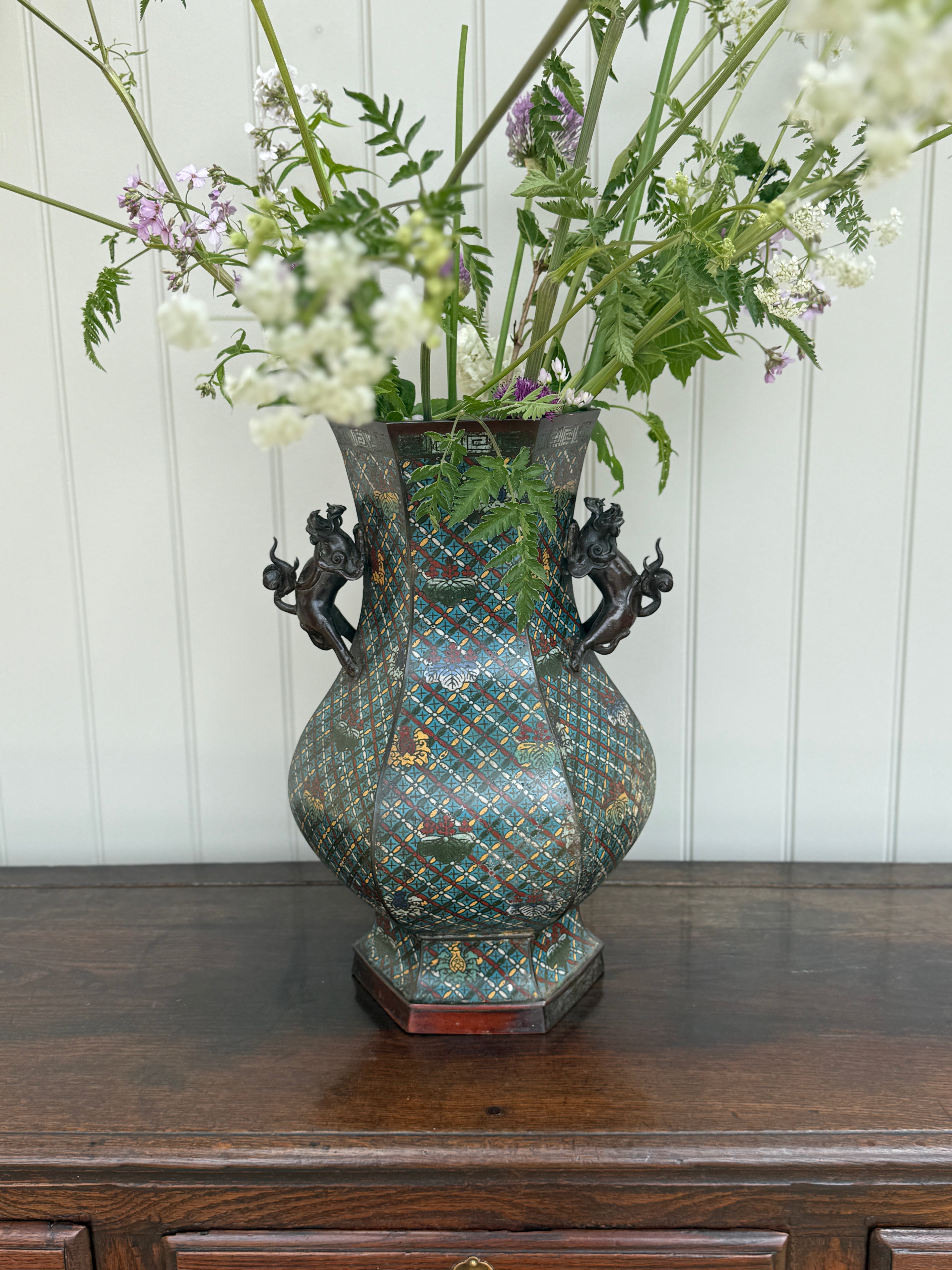 Chinese Cloisonné Hexagonal hu-form vase -Qing Dynasty