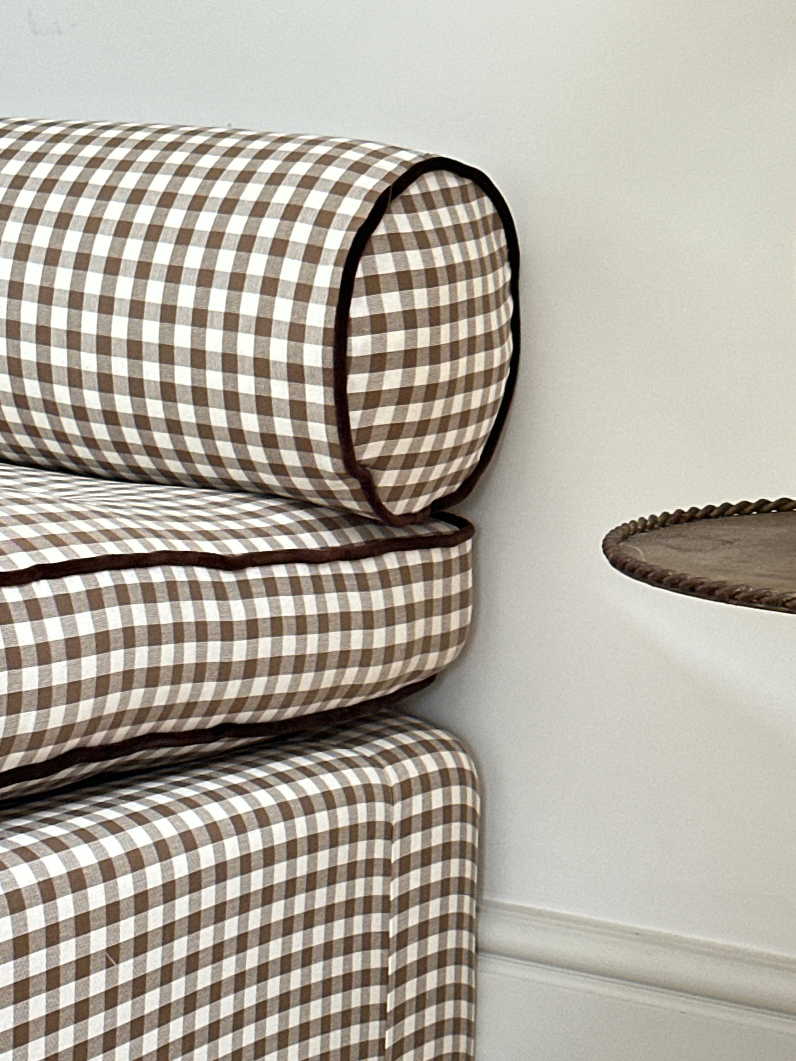 Large Daybed with Squab cushion in brown gingham and brown velvet piping and buttons.