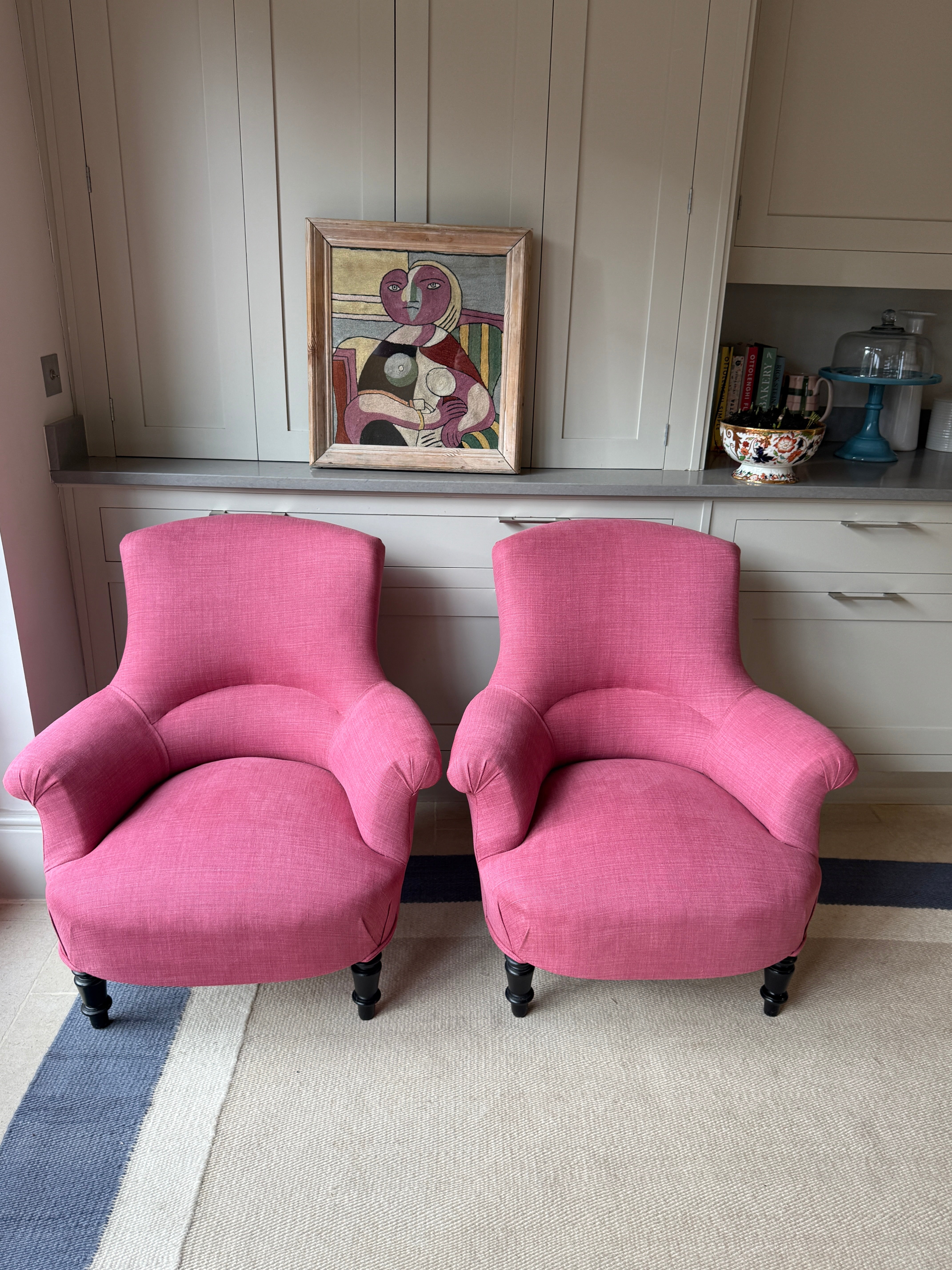 Pair of French Crapaud Tub Chairs in Pink linen