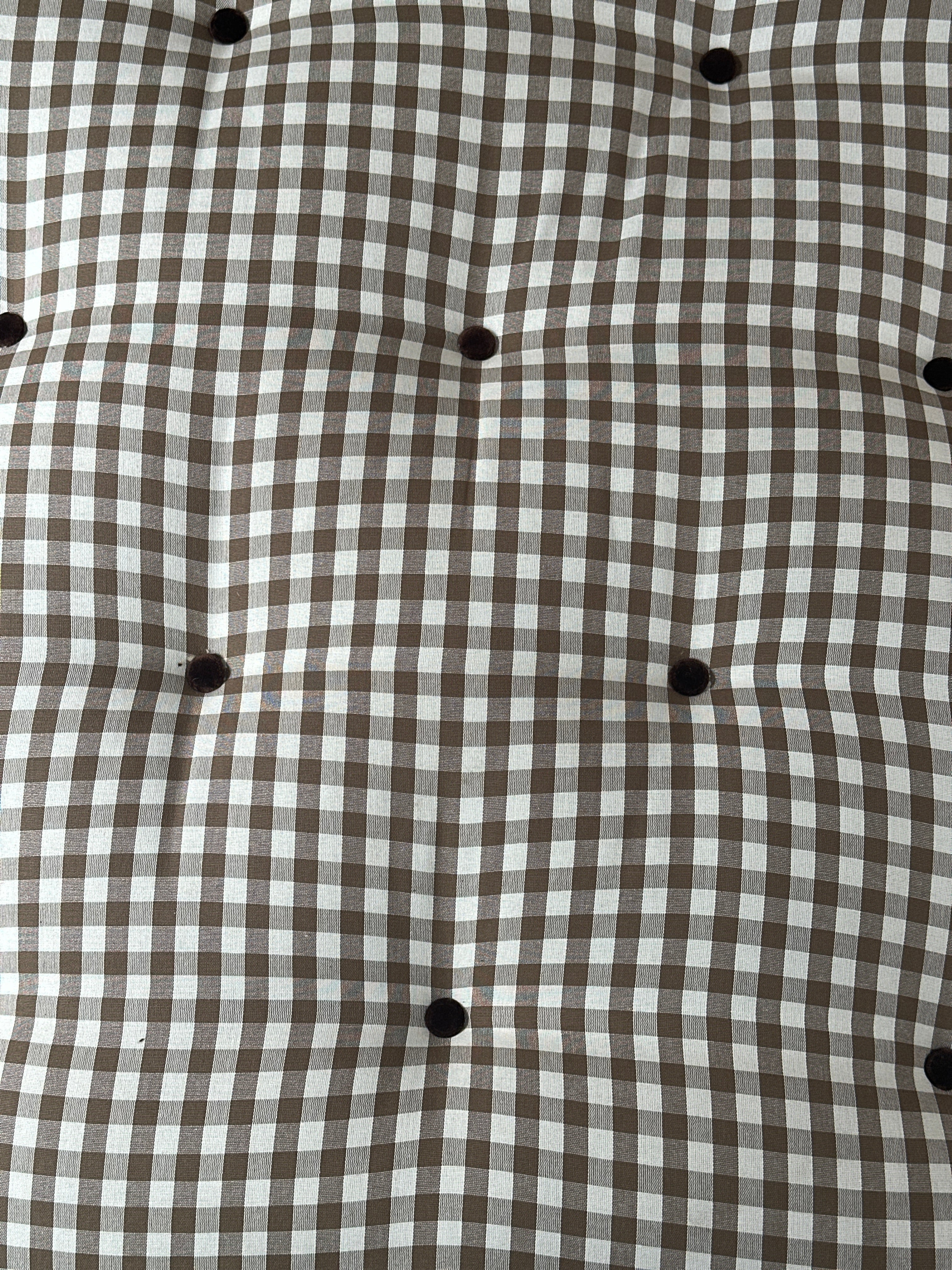 Large Daybed with Squab cushion in brown gingham and brown velvet piping and buttons.
