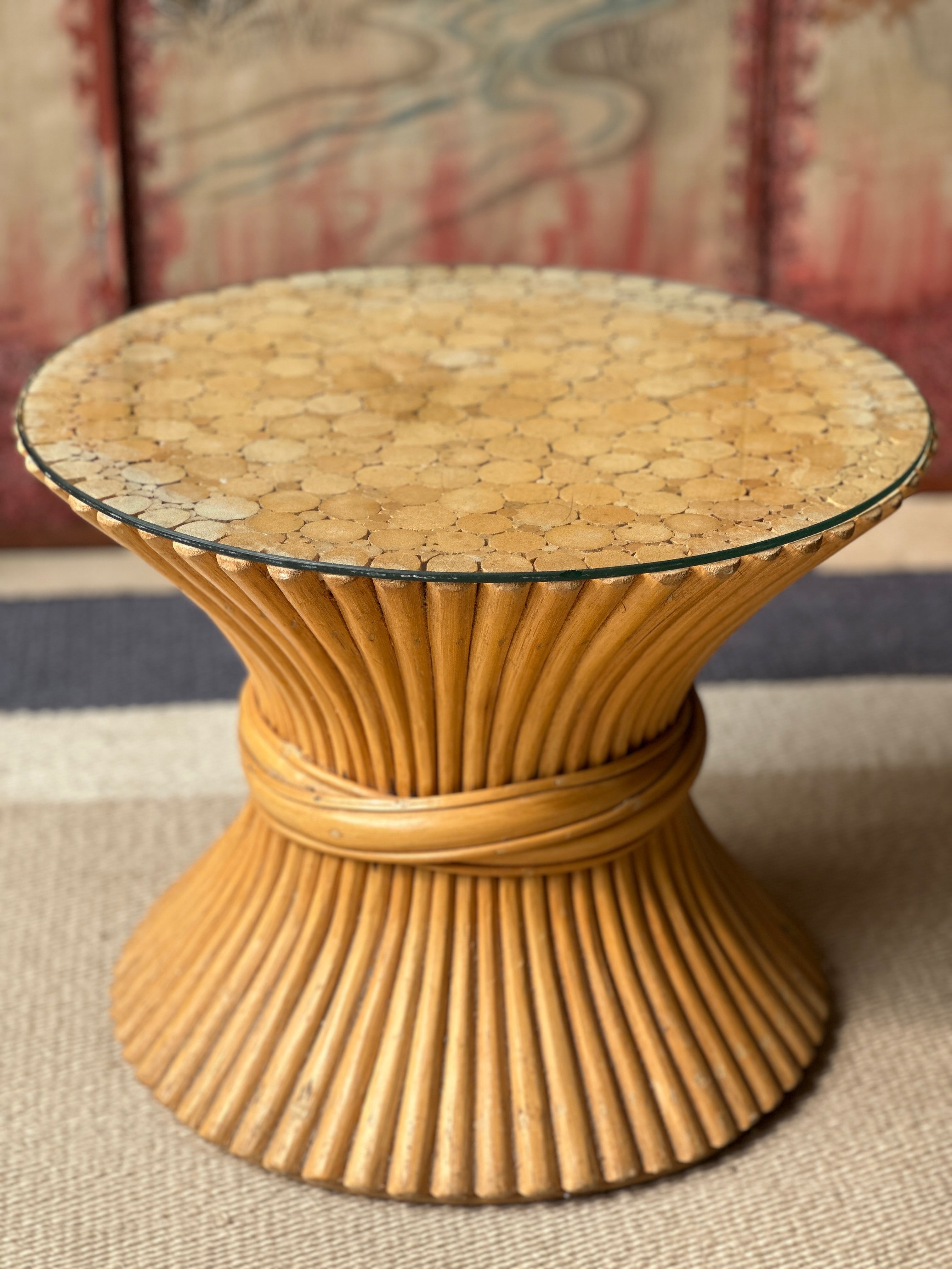 Very Small Vintage McGuire Table with Glass Top