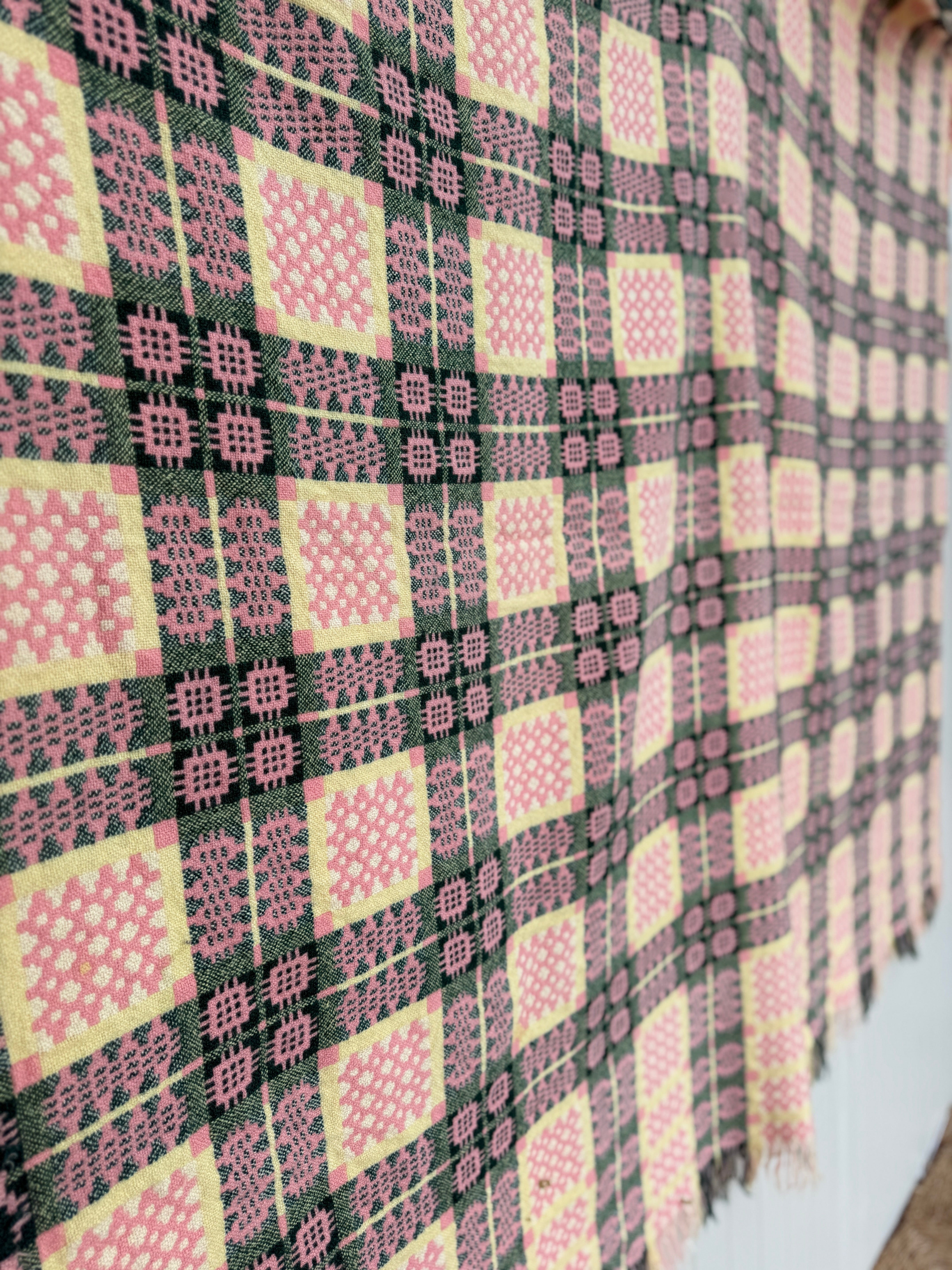 Vintage Welsh Blanket in Pink, Green and Yellow