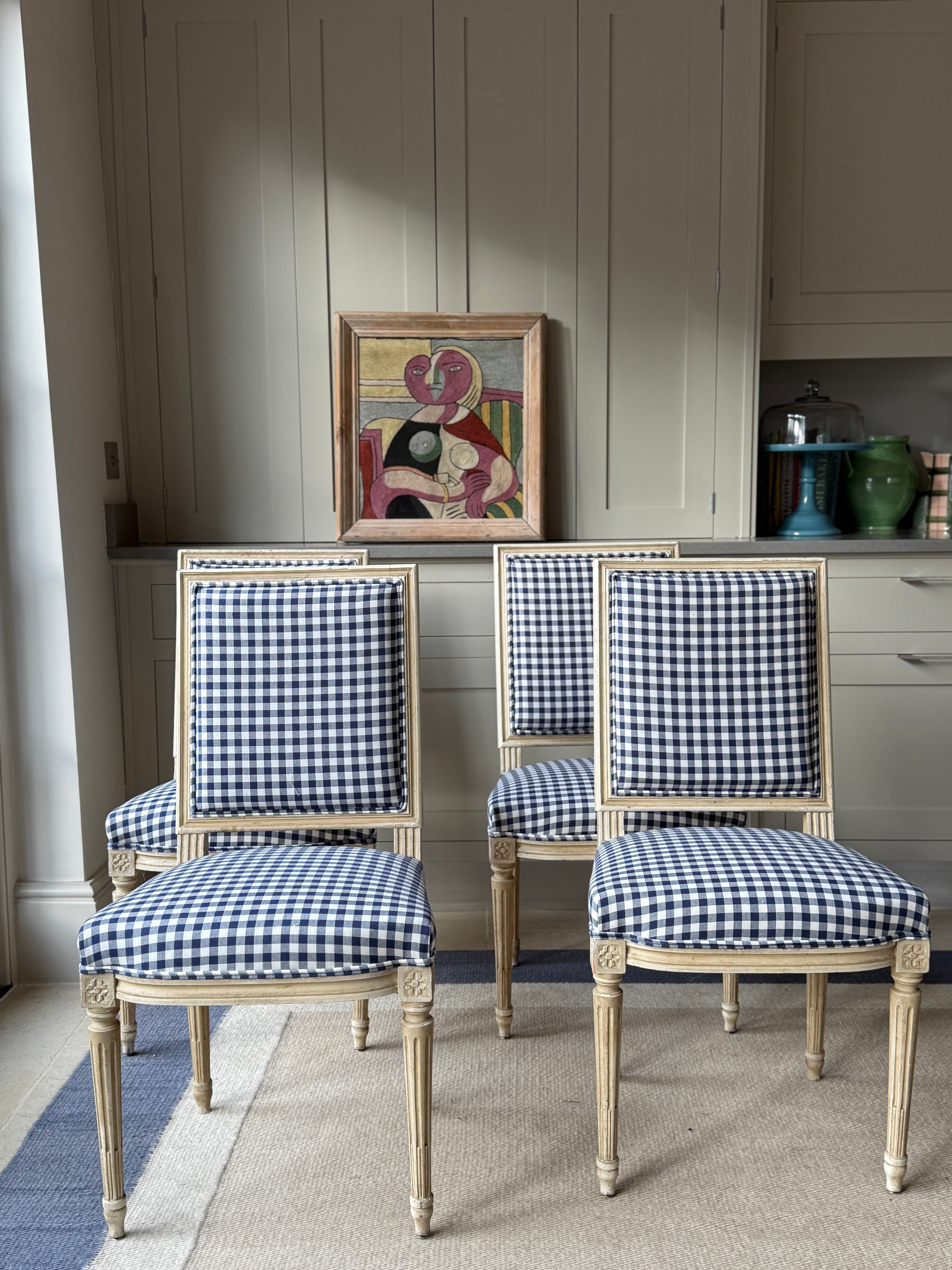 Set of 4 French Dining Chairs in Blue and White Gingham