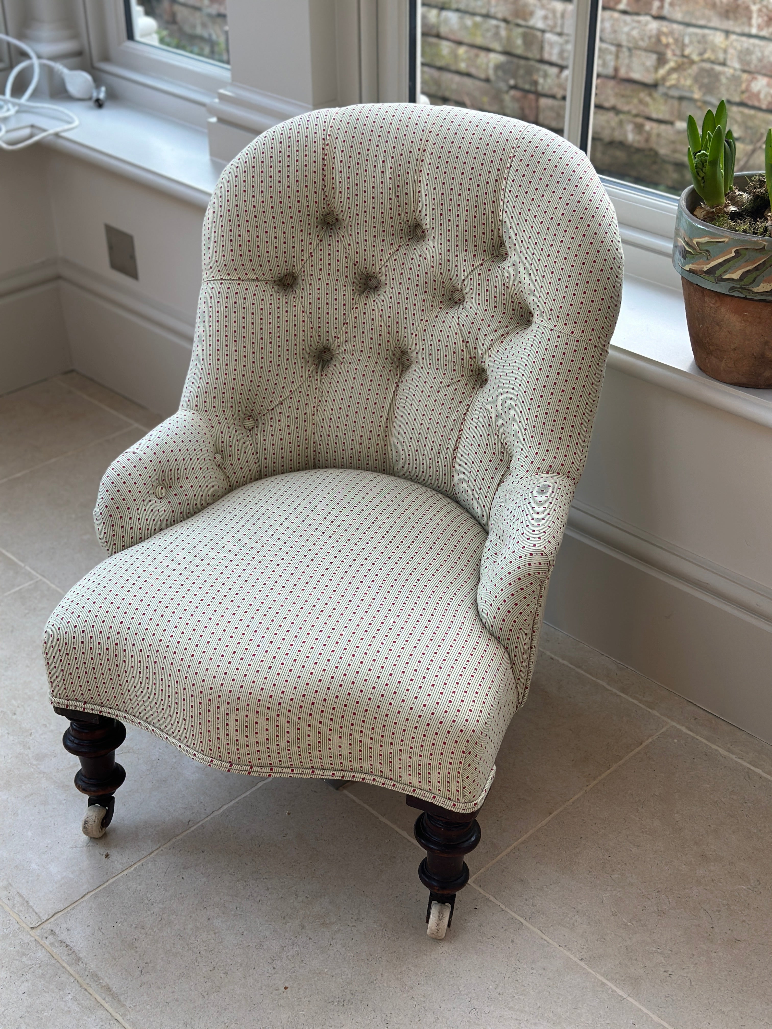English Button Back Tub Chair in Tonal Ticking by Kathryn M Ireland