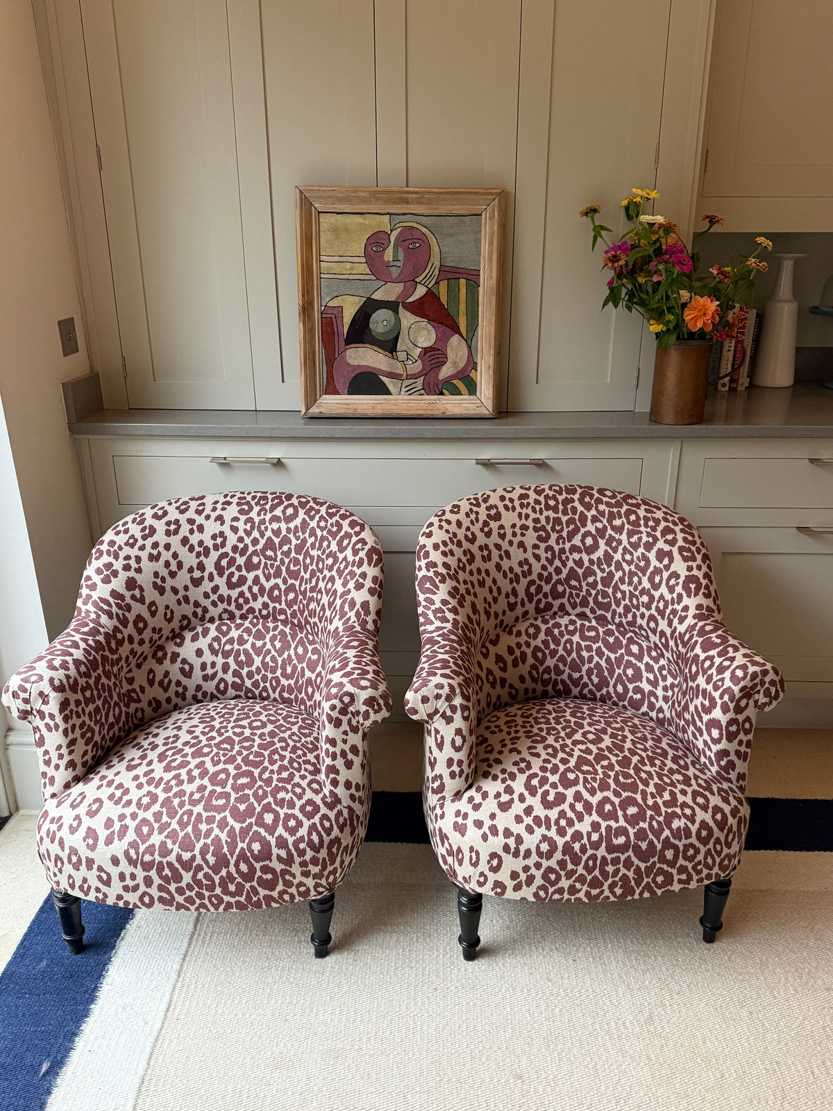 Pair of 19th Century French Chairs in Schumacher Iconic Leopard Linen, Raisin