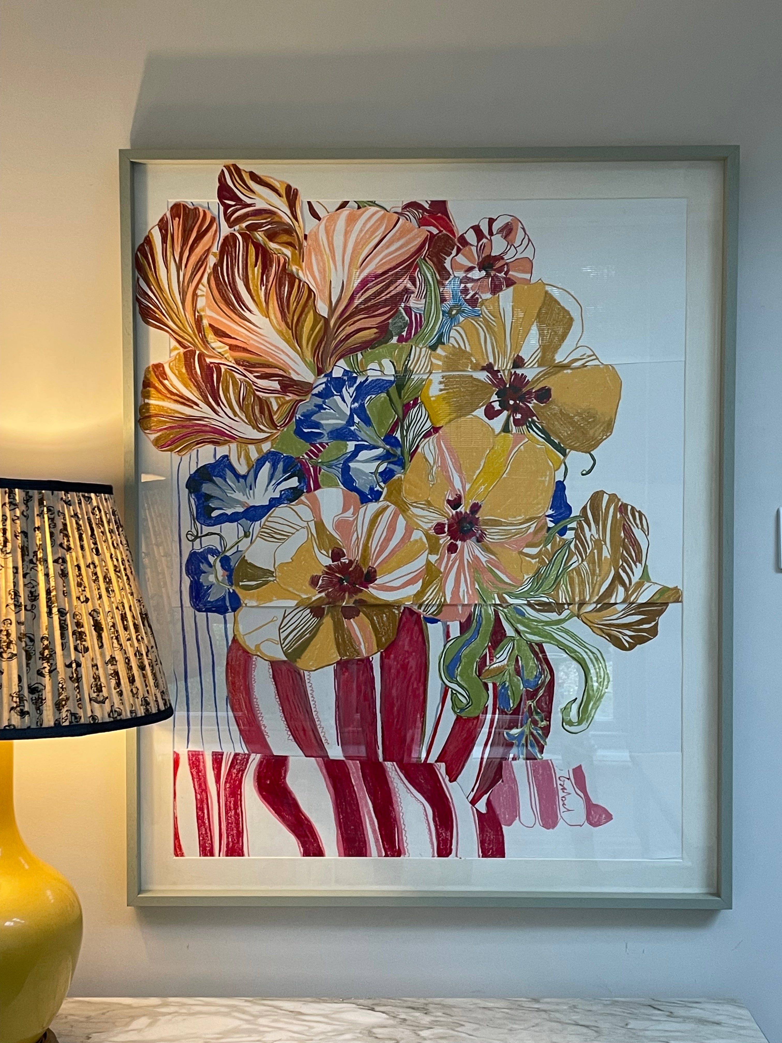 Candy Striped Pot Floral Painting- Oil Pastel Collaged by Isabel Fishlock