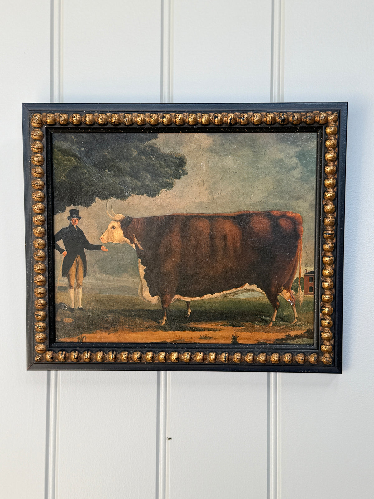 Framed Oil on Board Painting of Prize Bull and Owner