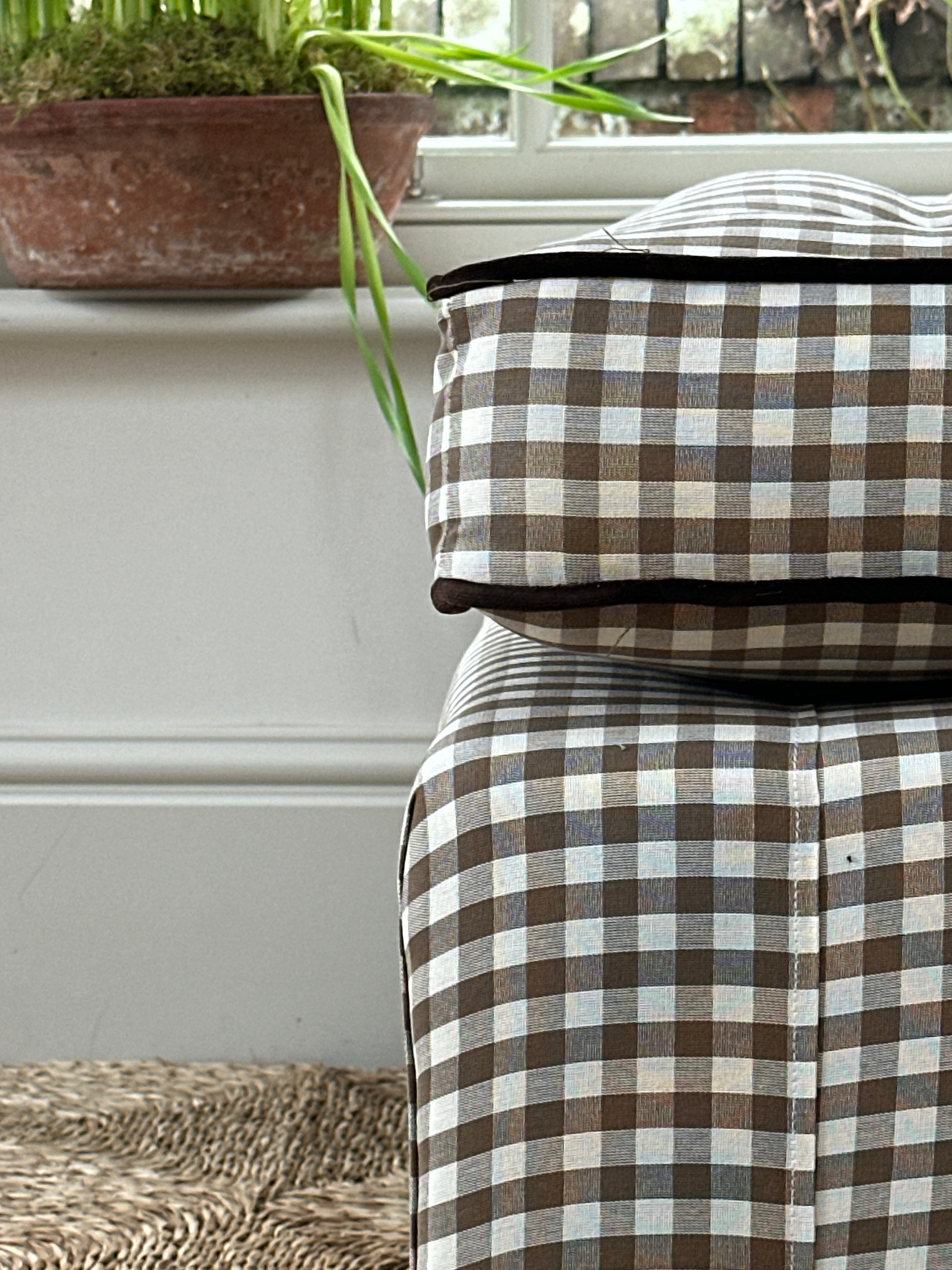 Large Daybed with Squab cushion in brown gingham and brown velvet piping and buttons.