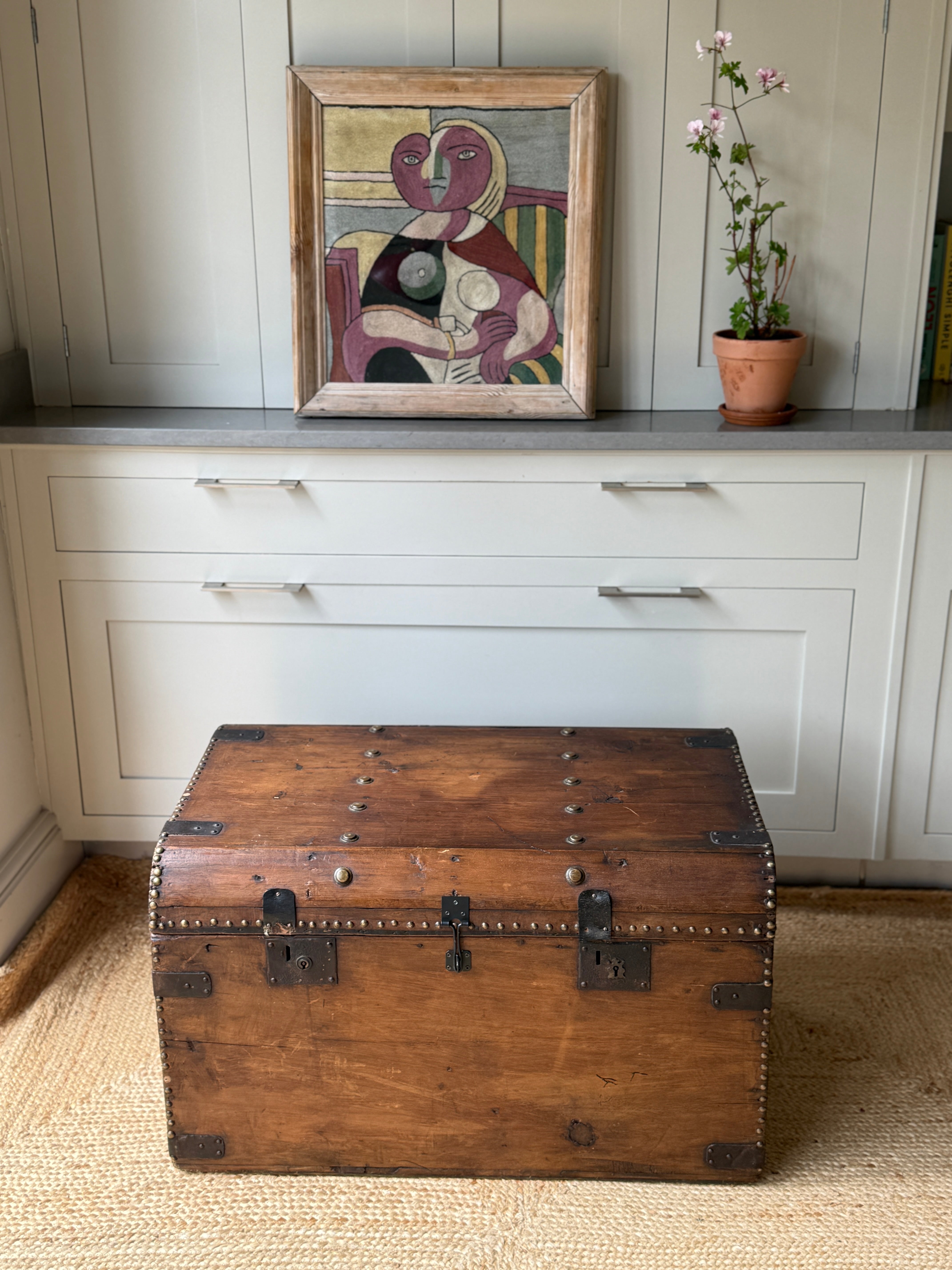 Large Antique Pine Truck with Brass Studs and Rounded Edges