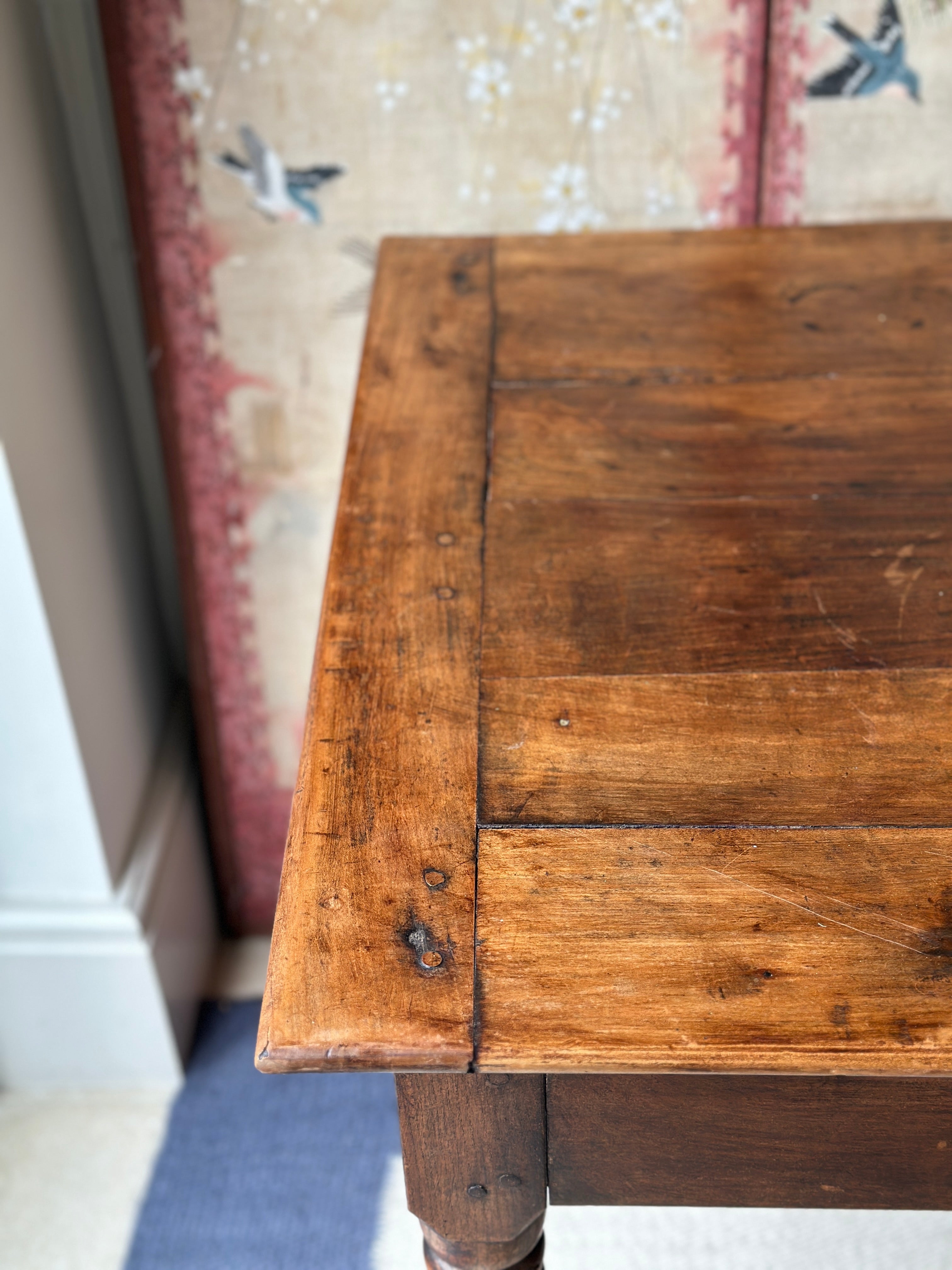 French Antique Pine Dining Table with drawer