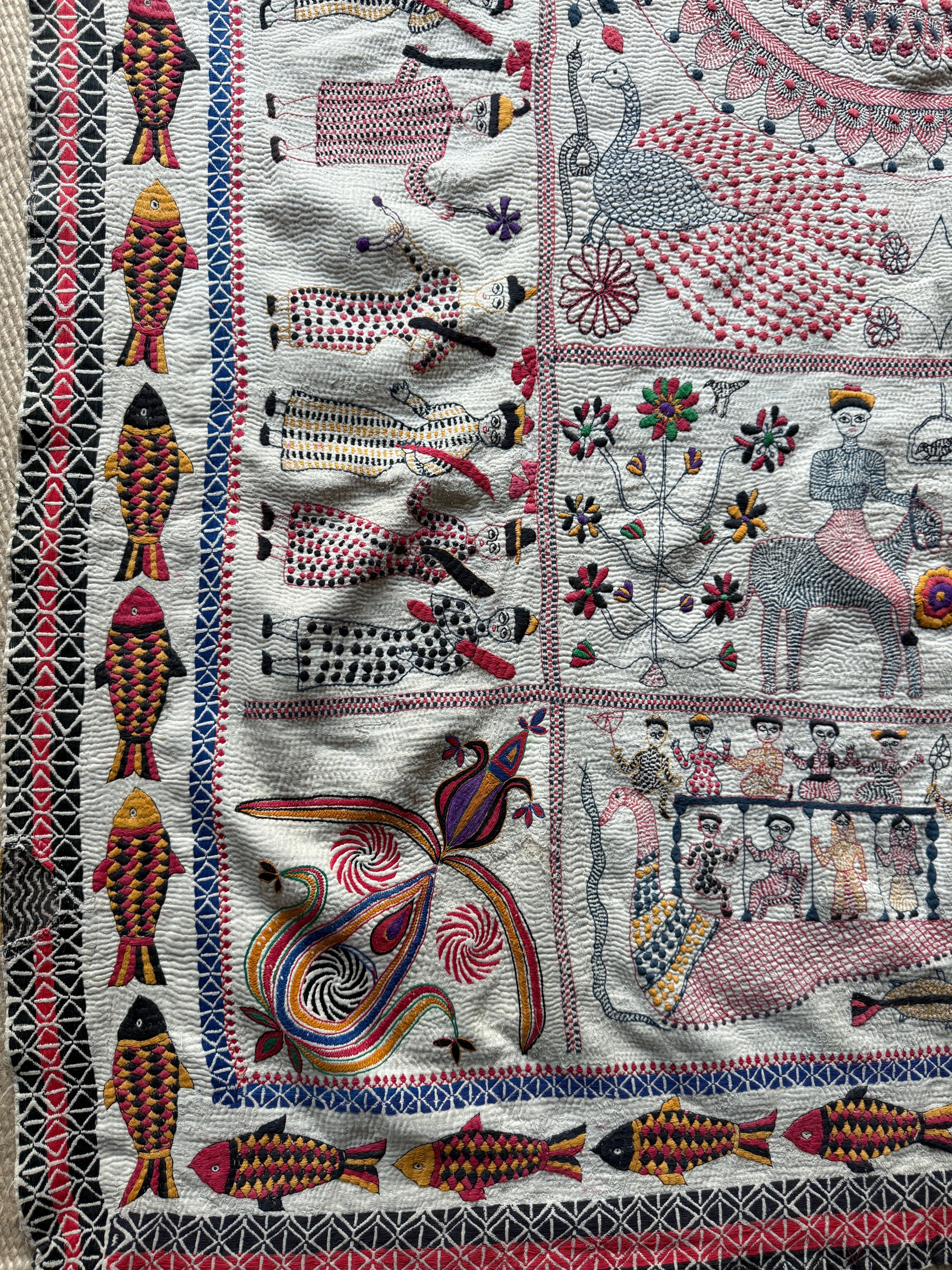 Rare Bengali Nakshi Kantha with Fish Border c late 19th Century