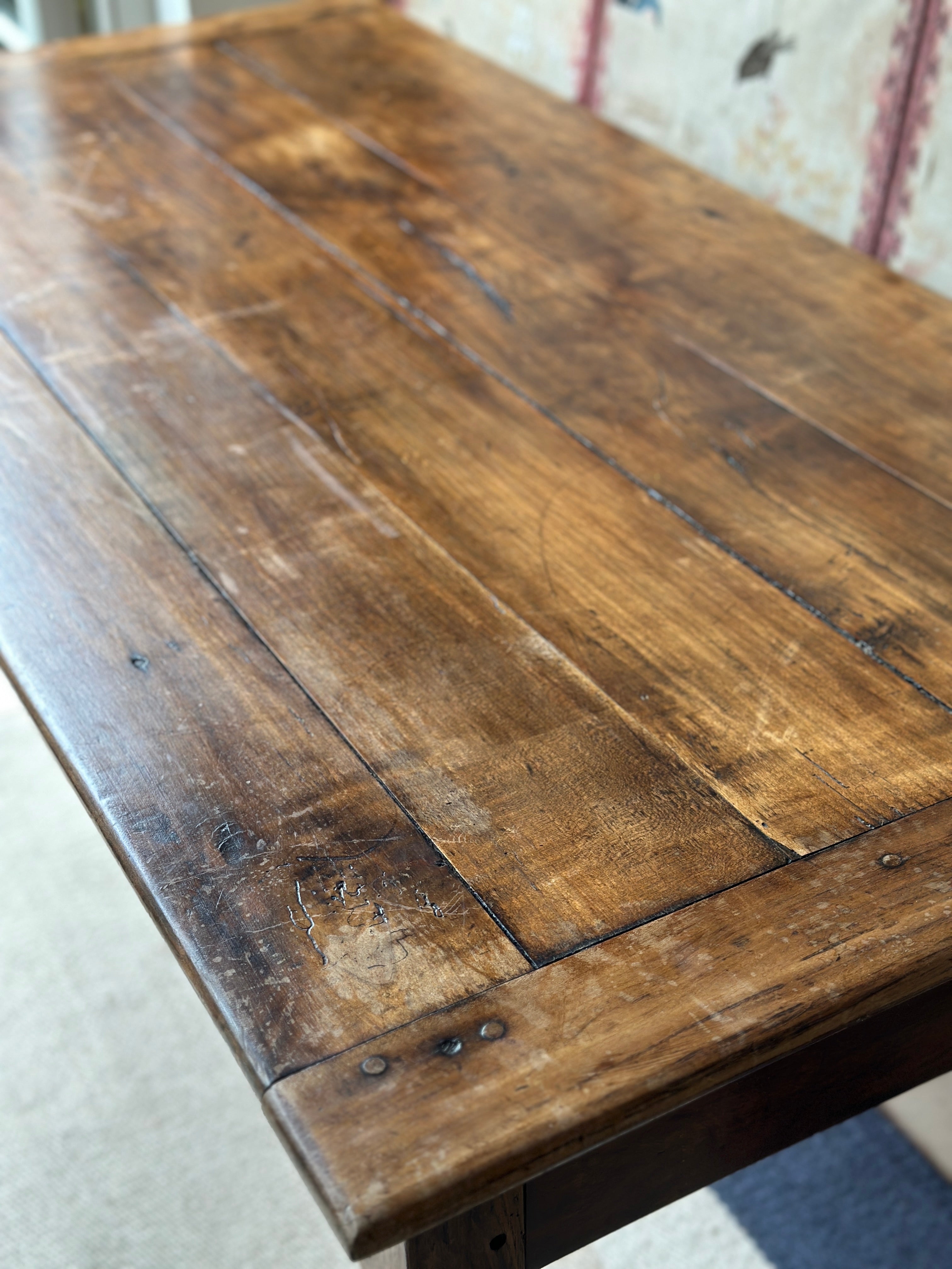 French Antique Pine Dining Table with drawer